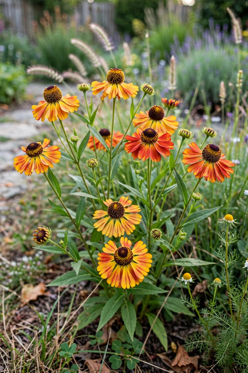 Helenium with warm yellow, orange and deep red daisy-like flowers in a late summer garden
