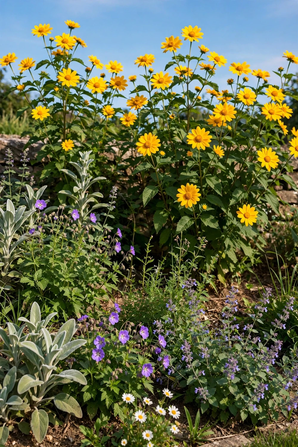 Heliopsis false sunflower with bright golden blooms at the back of a sunny flower border