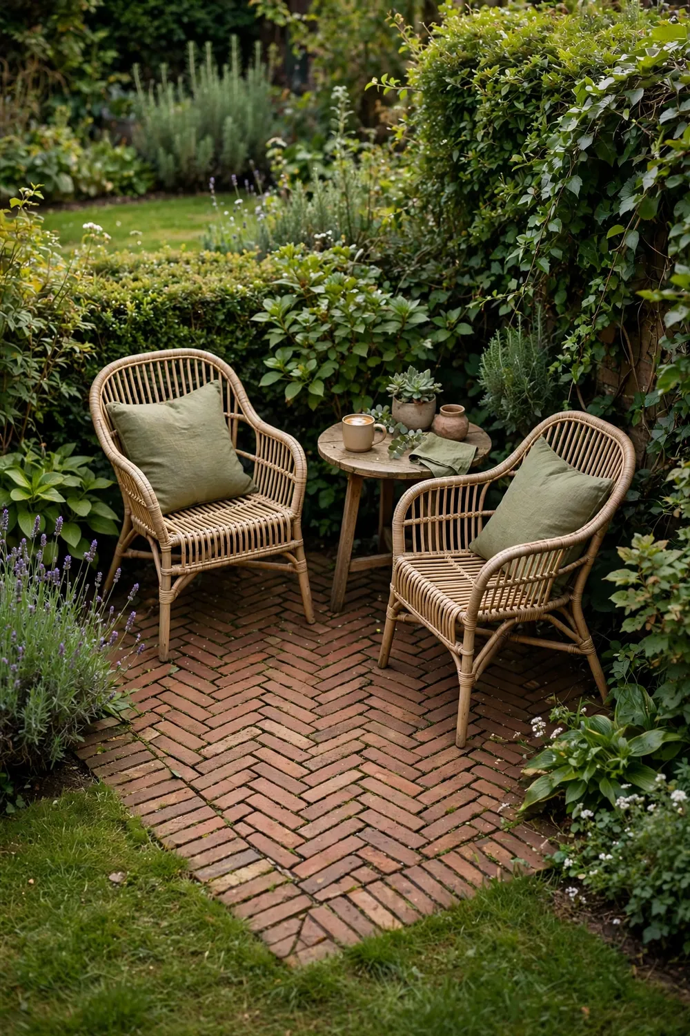 Herringbone brick patio nook with two chairs and a small table tucked into a green lawn garden