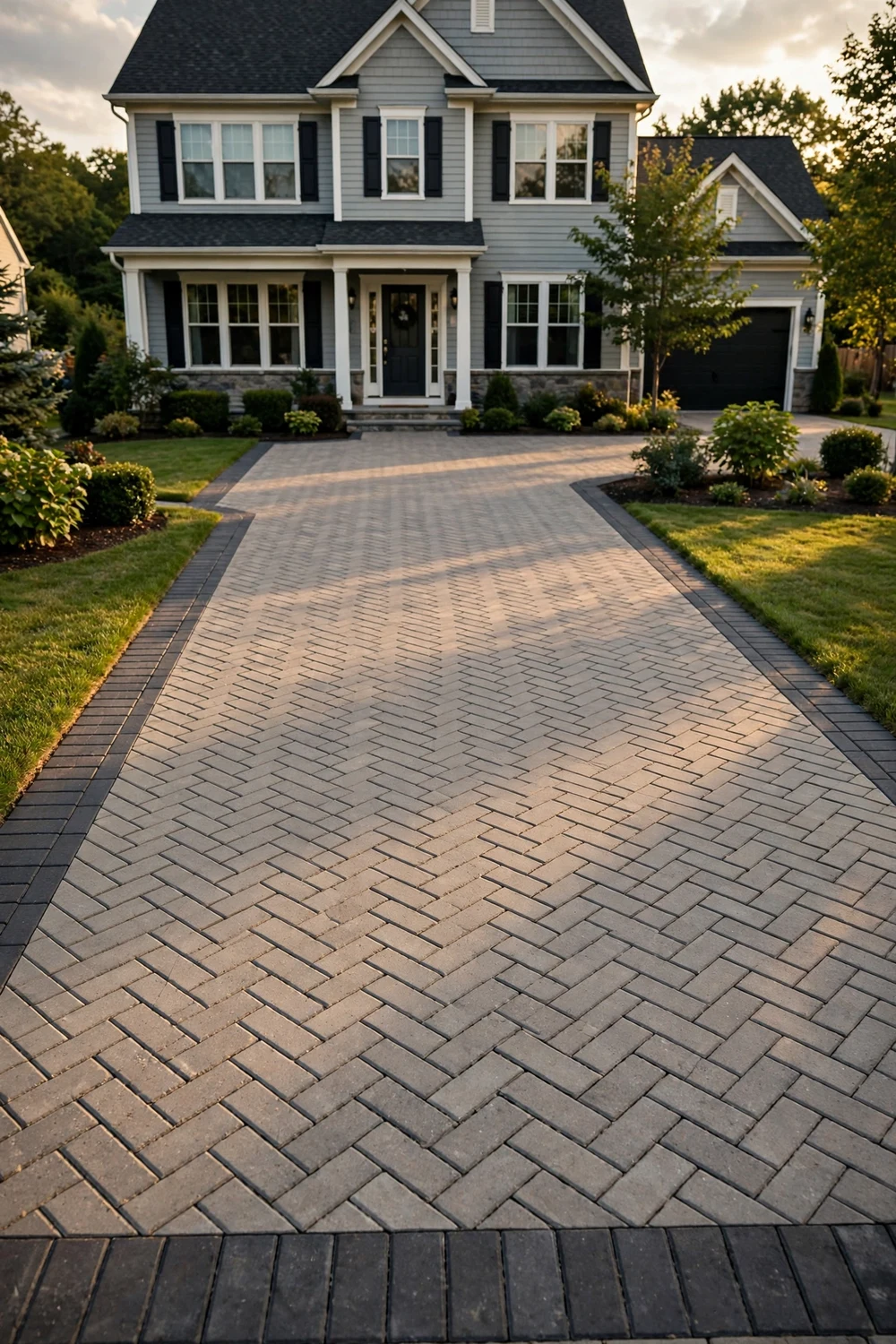 Classic herringbone pattern concrete paver driveway in front of a suburban home