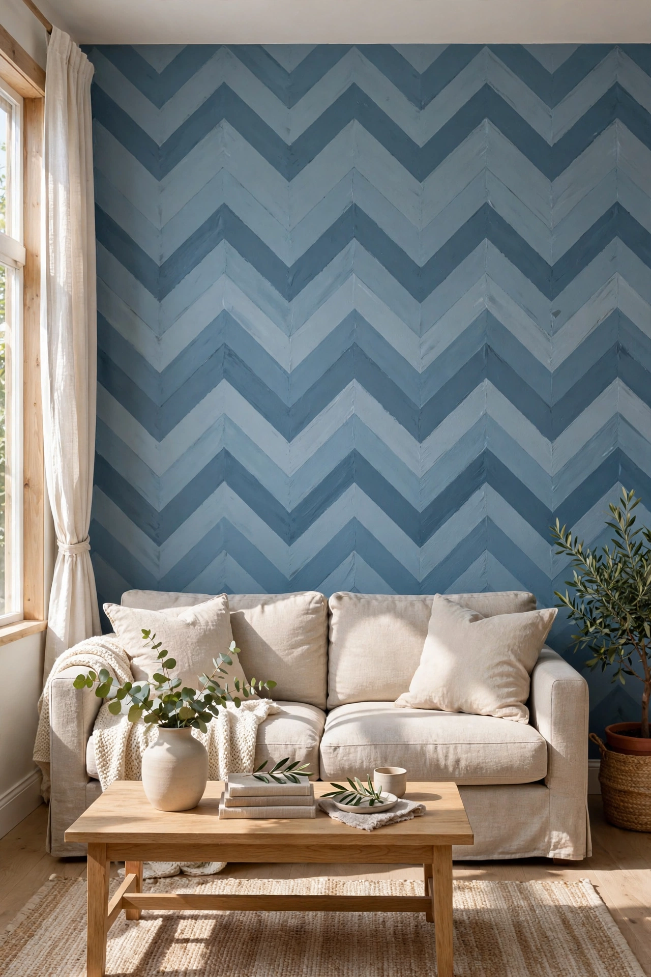 Living room wall with herringbone zigzag pattern in dusty blue tones