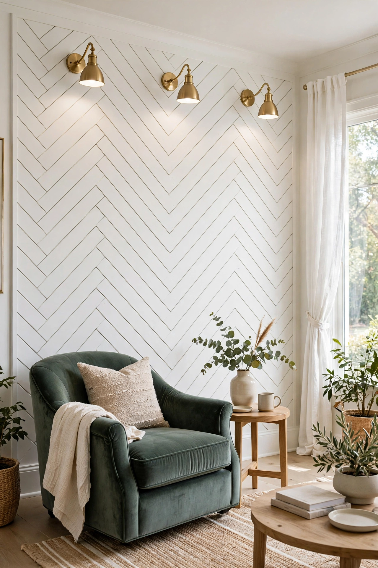 Elegant living room accent wall with white shiplap installed in a herringbone pattern