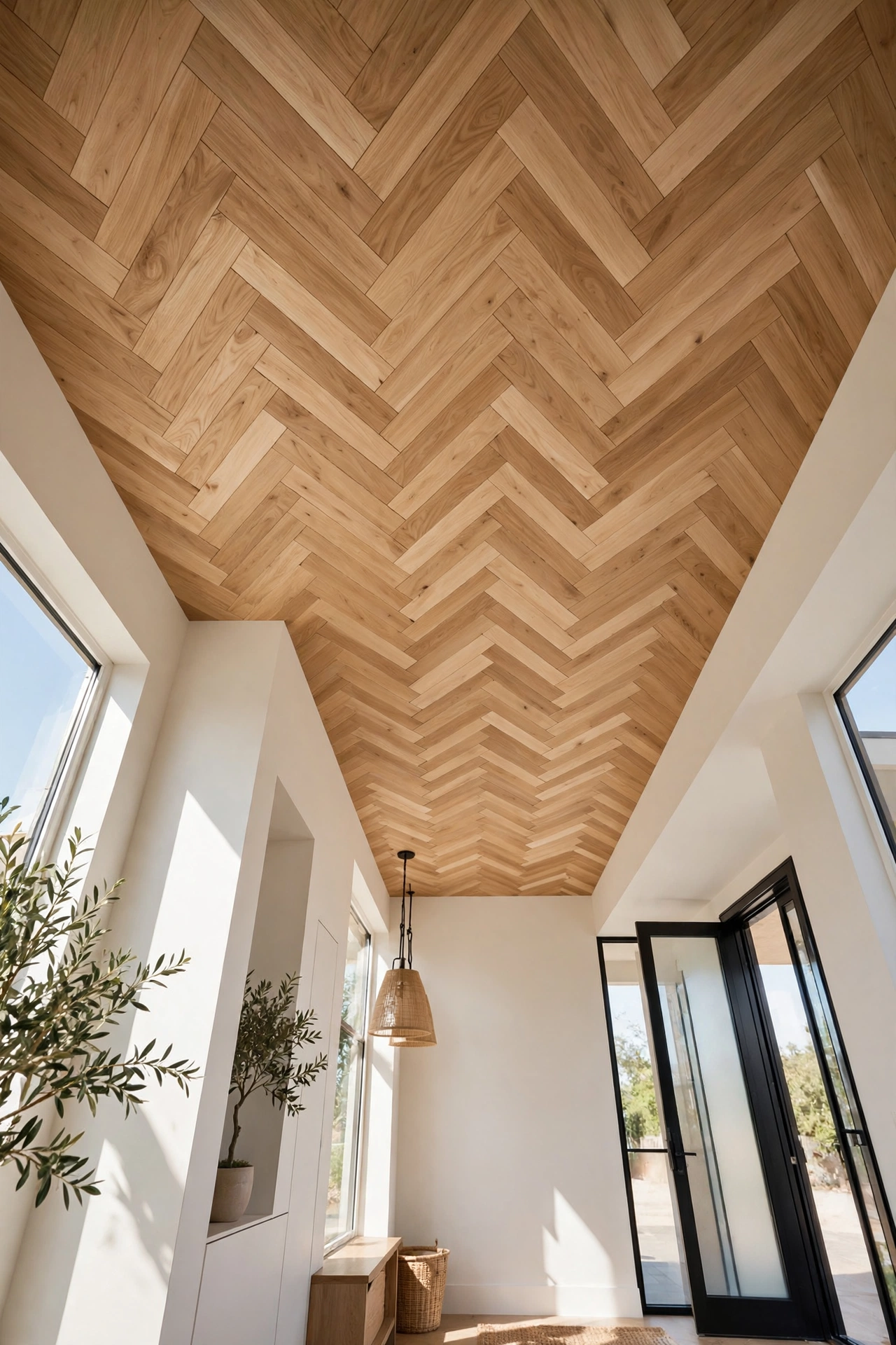Herringbone pattern wood plank ceiling in a stylish entryway