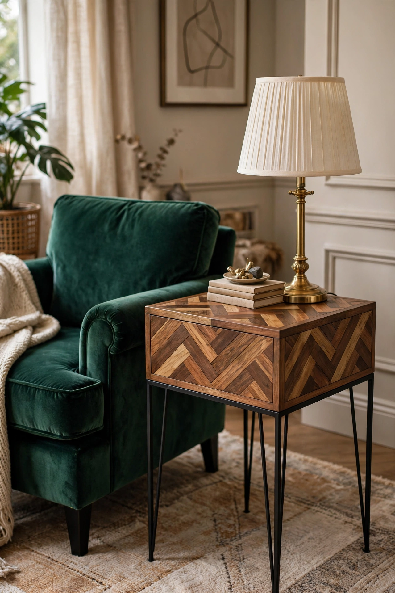 Side table with herringbone wood top on slim black legs beside a velvet armchair