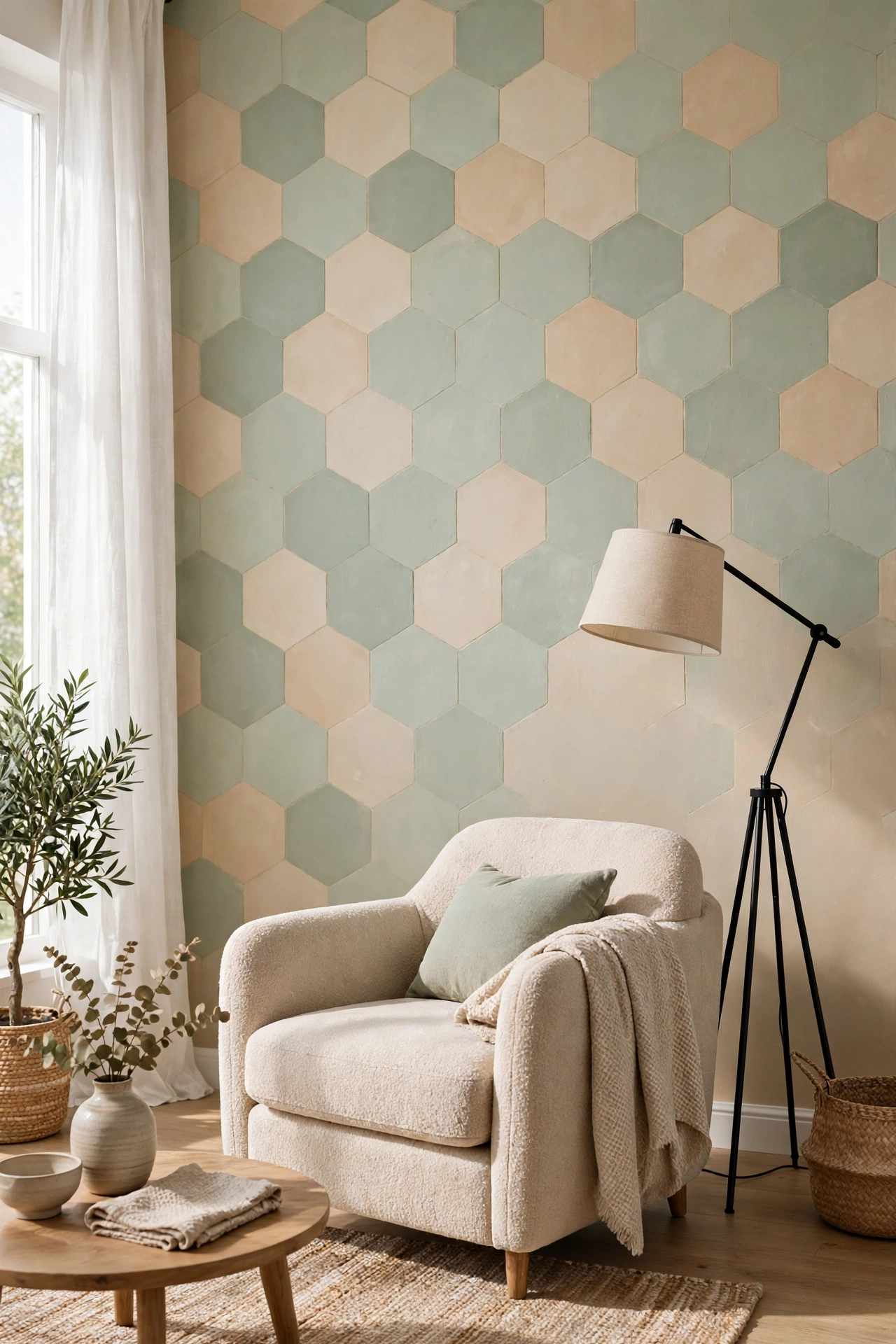 Living room wall with sage green and beige hexagon honeycomb pattern