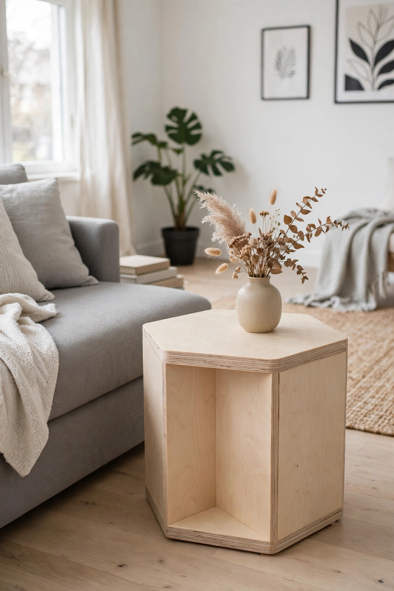 Hexagon birch plywood side table beside a minimalist gray sofa with a vase