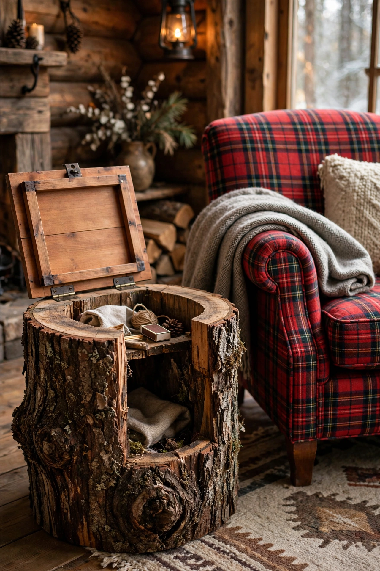 Hollowed tree stump side table with hinged lid open beside a plaid armchair