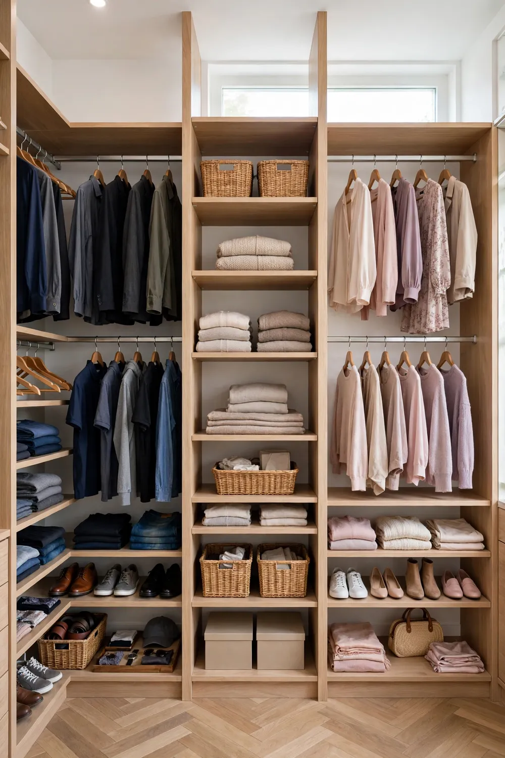 Shared closet split into two organized zones with a center divider