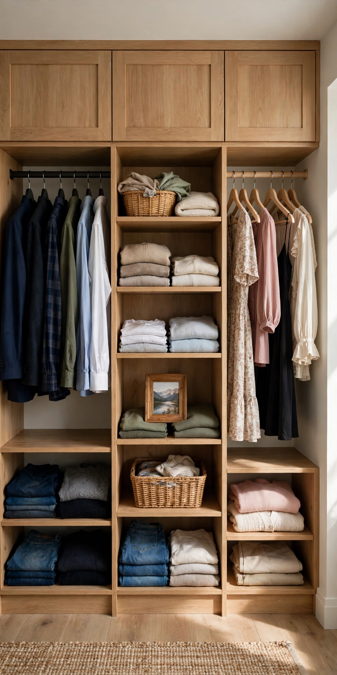 Wide wall unit with separate his-and-hers hanging sections and shared central shelves