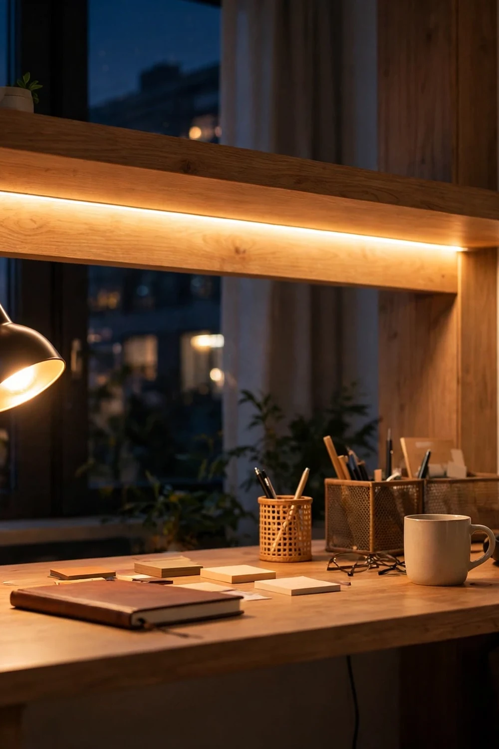 Home office with a warm LED strip under a wall-mounted shelf glowing over a desk