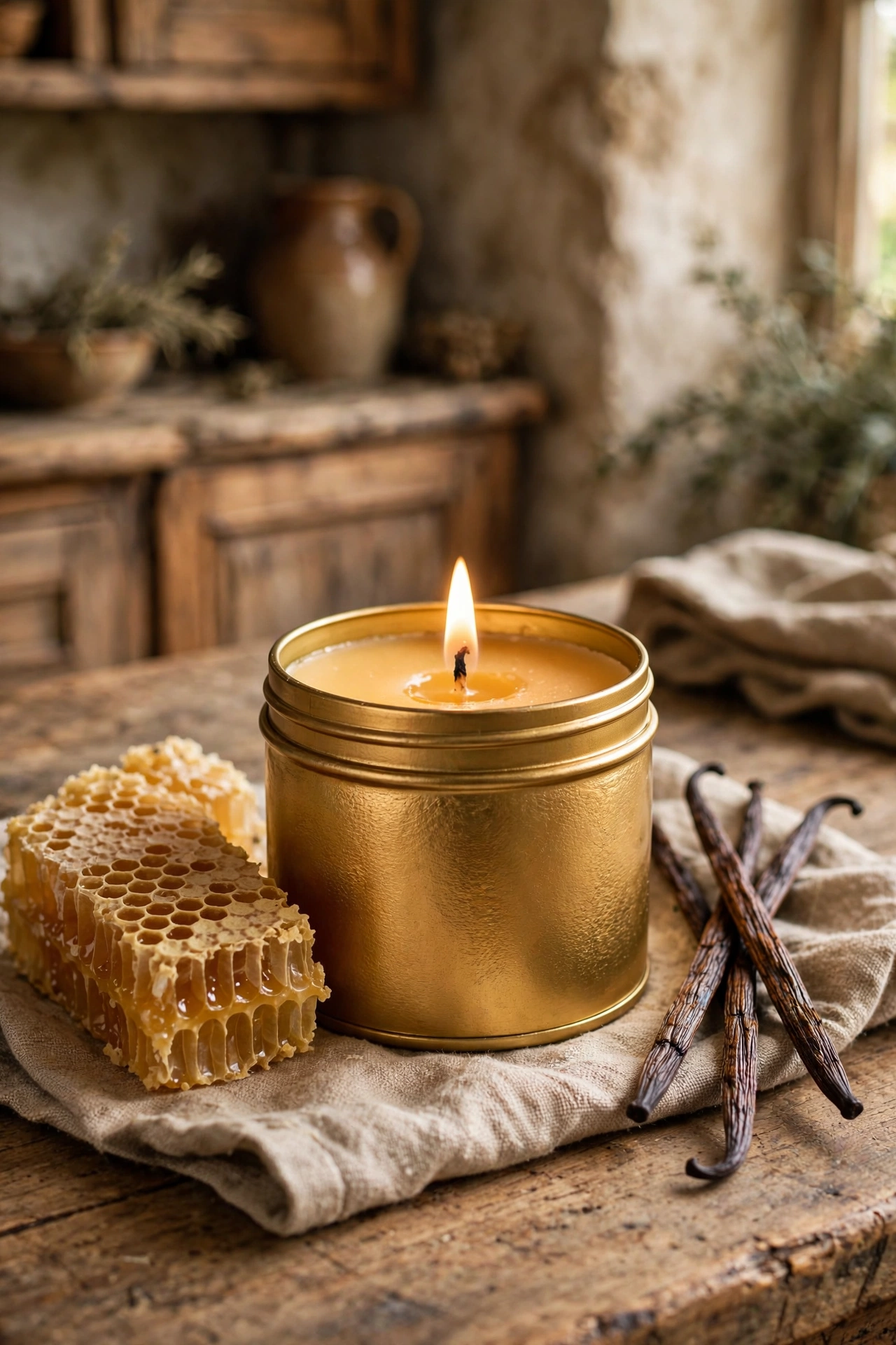 Honey vanilla beeswax candle in a golden jar with honeycomb and vanilla pods