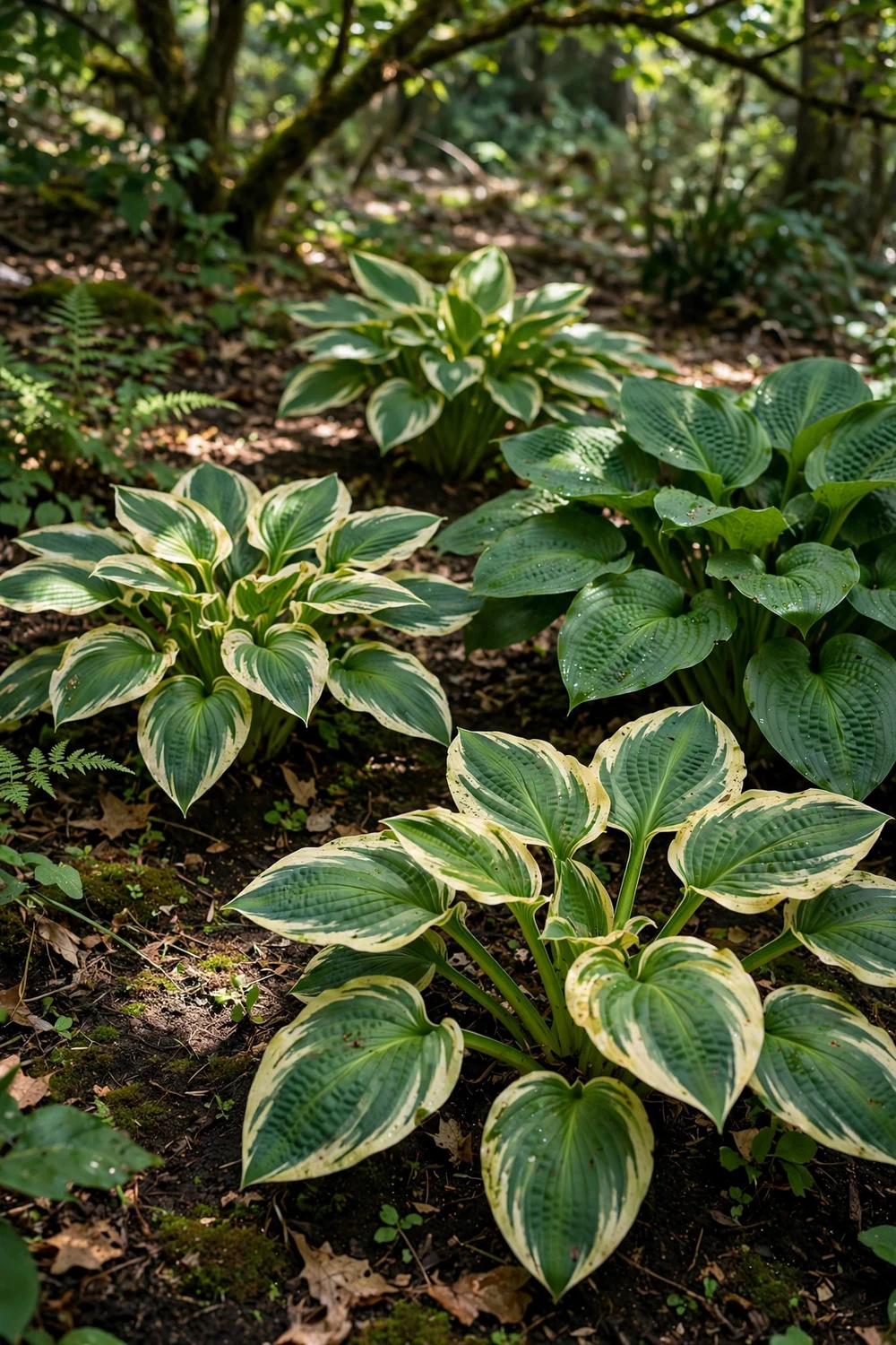 Hosta plants with large bold green and variegated leaves in a shaded garden bed under trees