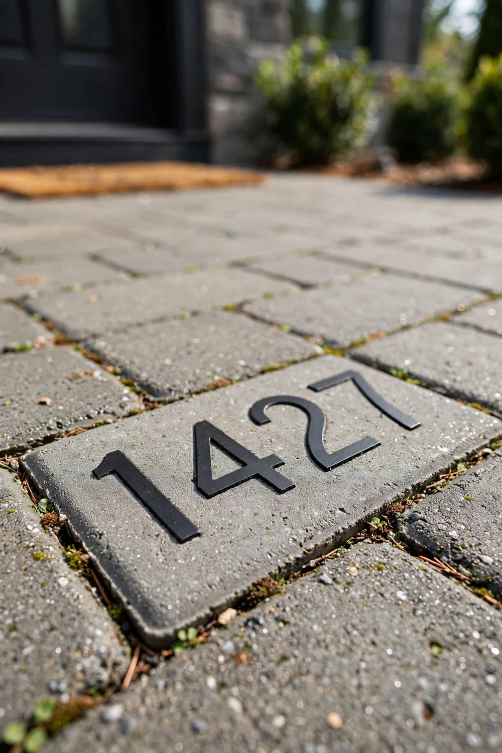 Concrete paver walkway with house numbers inlaid in contrasting metal numerals