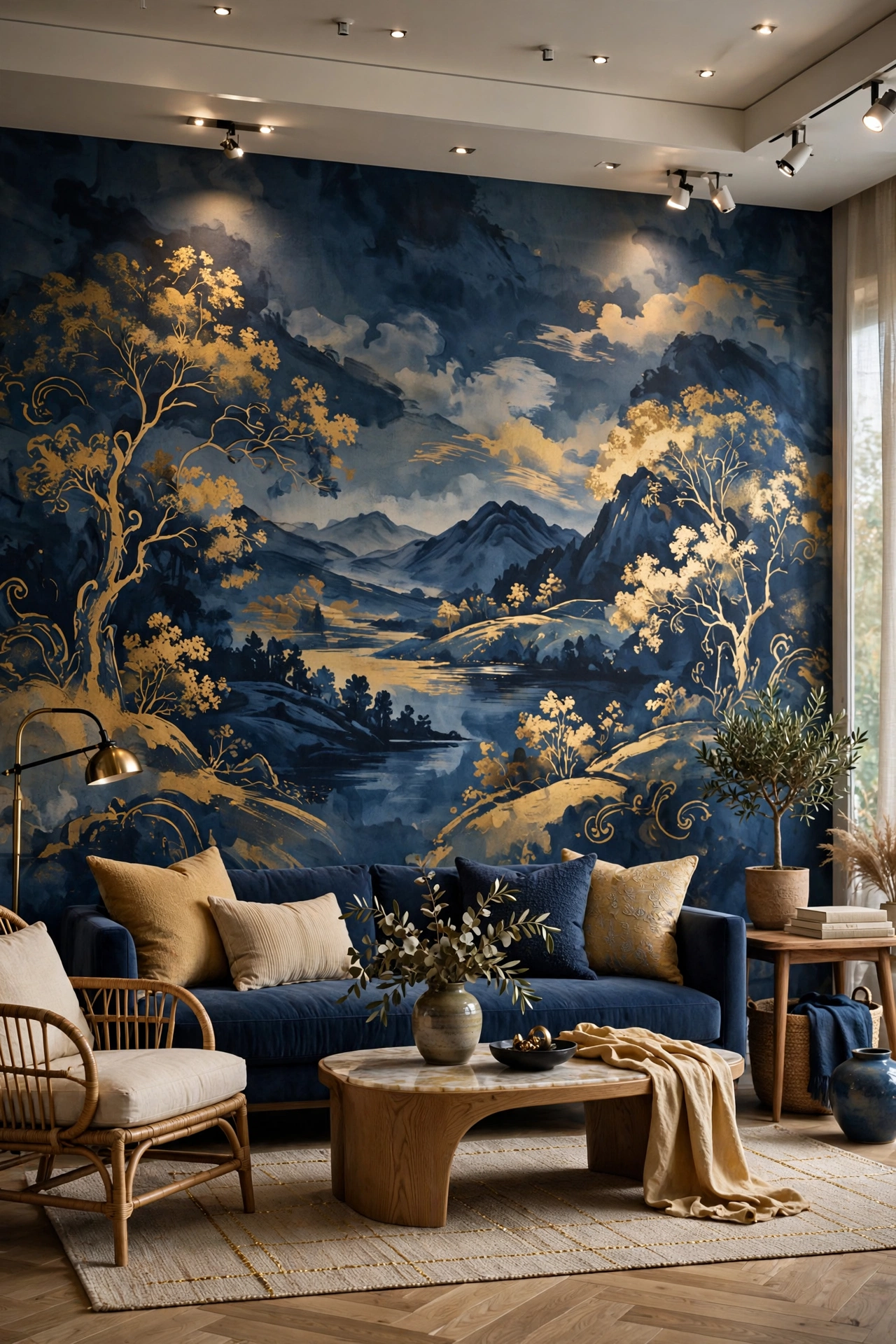 Designer living room with Hygge and West deep blue and gold painterly peel-and-stick wallpaper