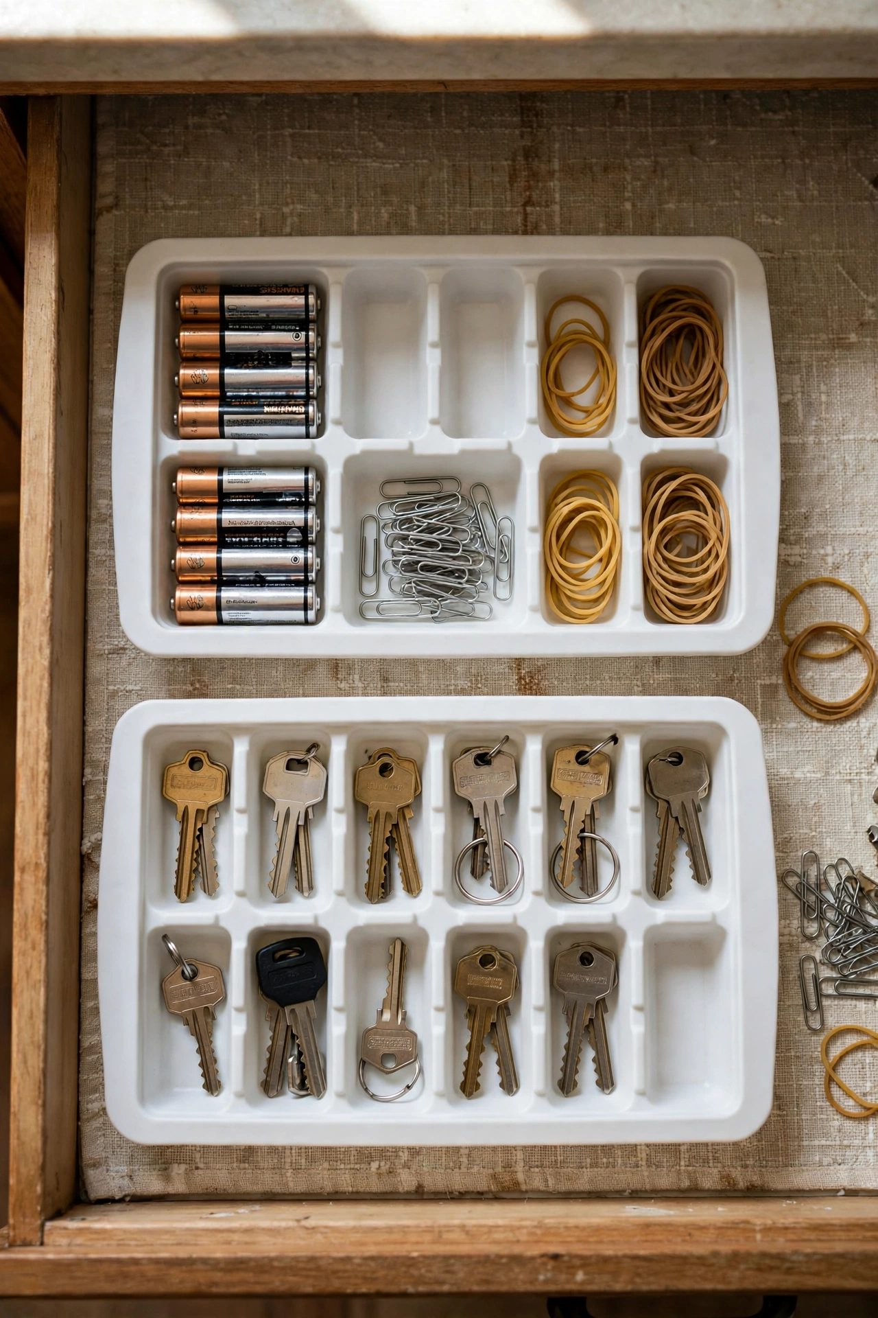 Ice cube trays inside a junk drawer neatly sorting batteries paper clips and small items