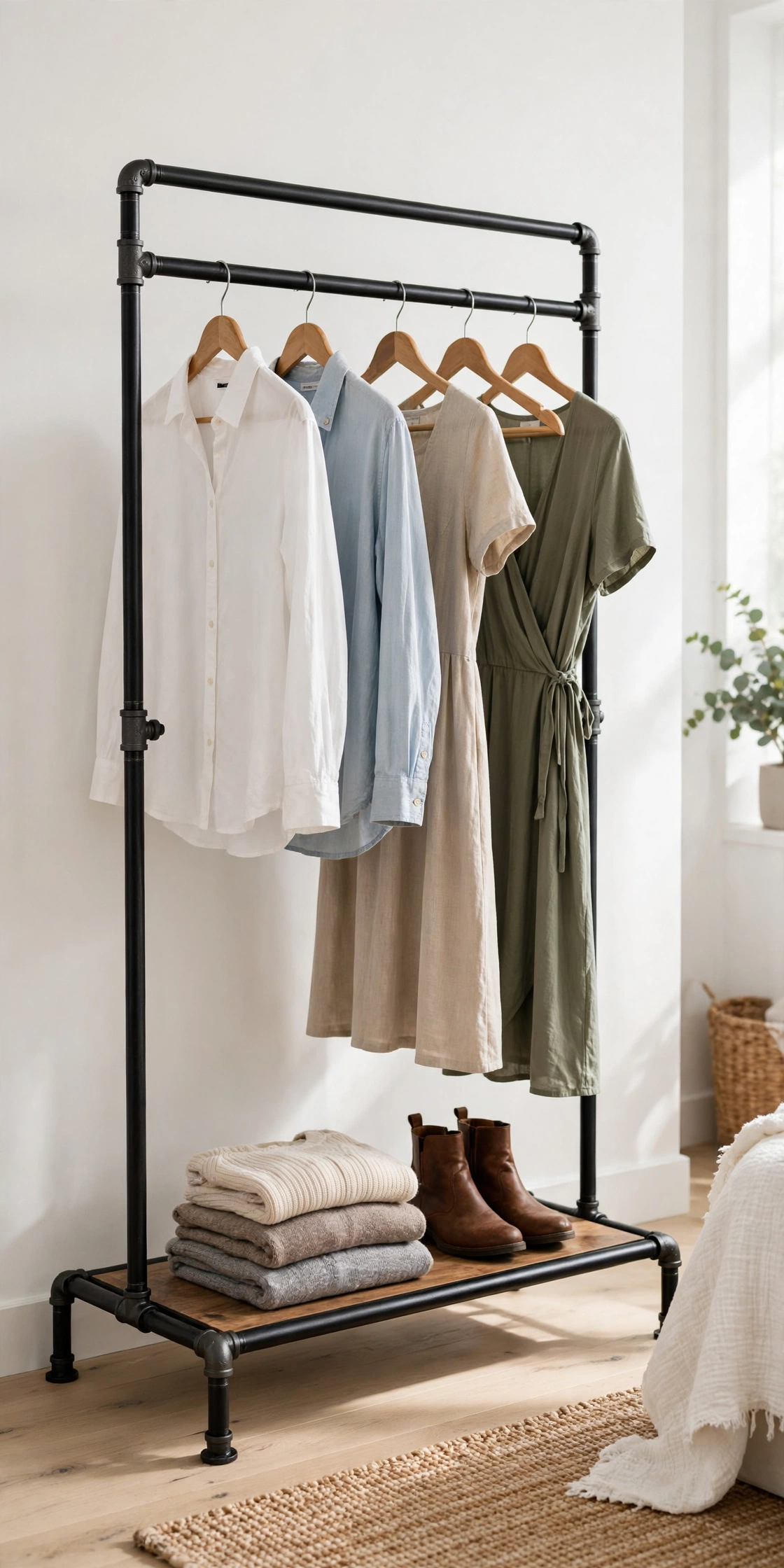 DIY industrial black pipe garment rack with neatly hung clothes in a bright bedroom