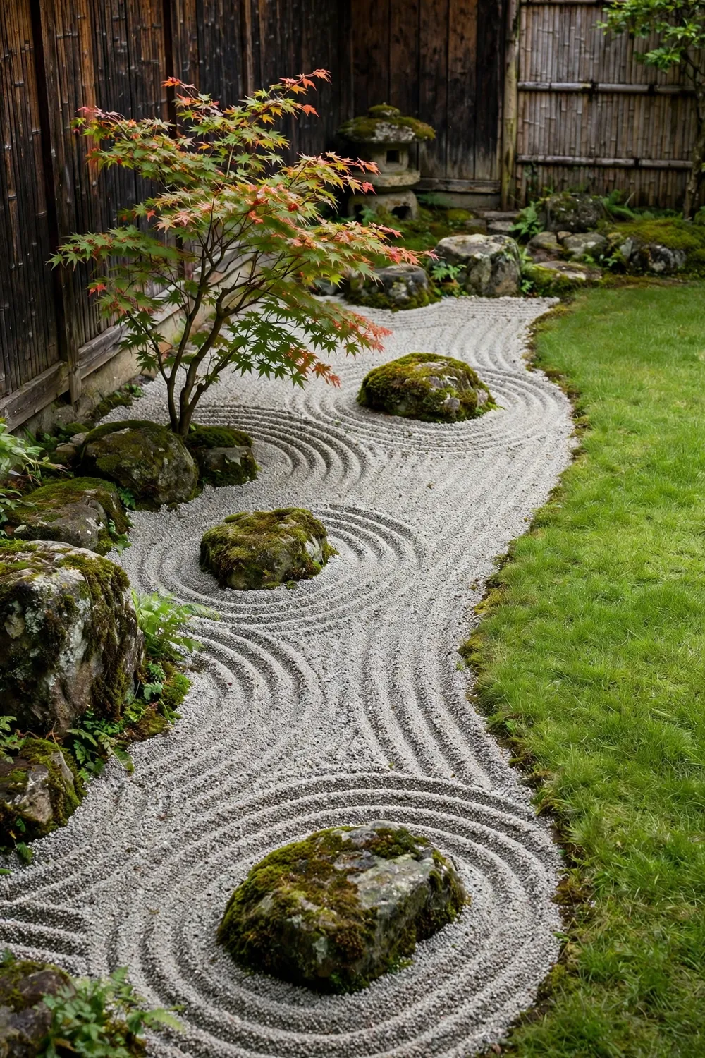 Japanese-inspired rock garden corner with raked gravel, mossy stones and a small maple beside a lawn