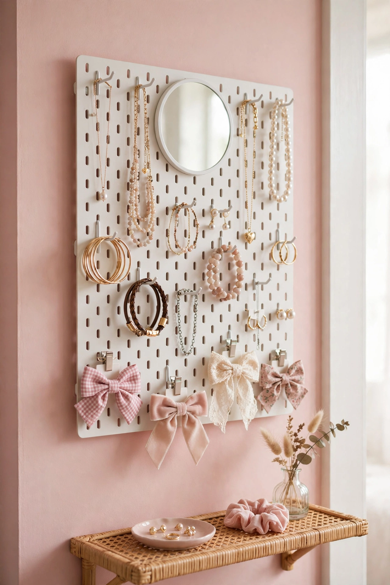White pegboard jewelry display with necklaces and hair bows on a blush bedroom wall