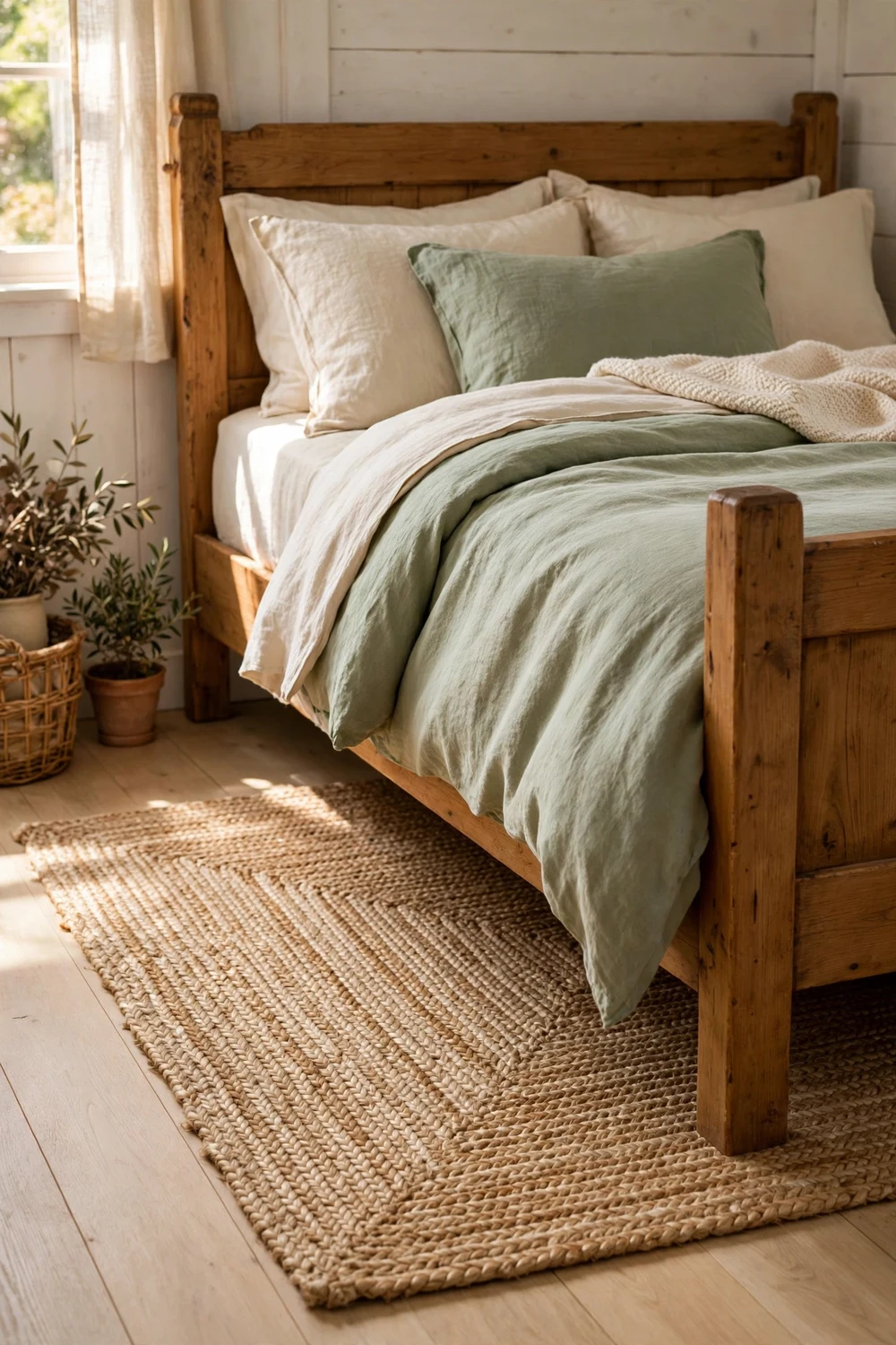 Natural jute rug layered under a wooden bed in a light cottage bedroom