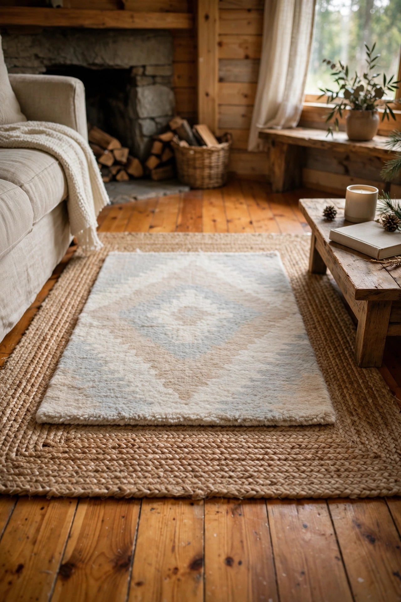 Layered jute and wool rugs over pine wood floors in a cabin living room