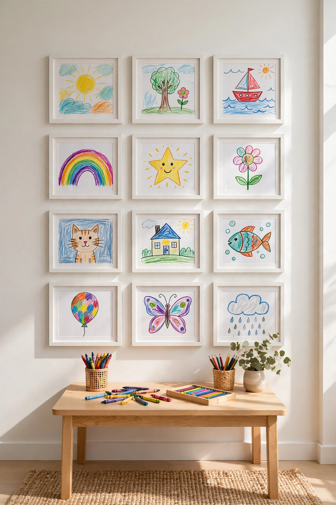 Playroom wall displaying children's colorful artwork in simple matching frames
