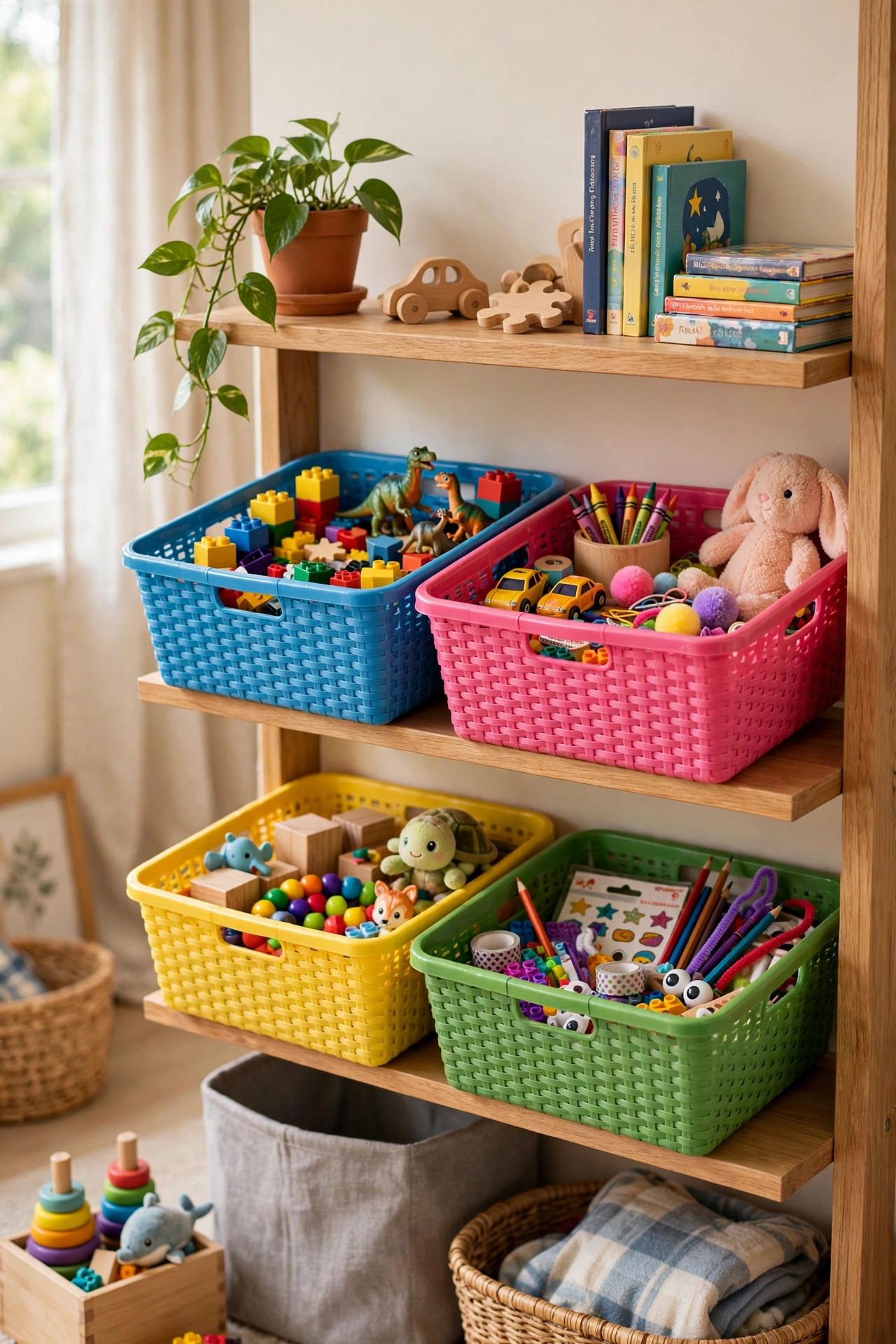 Colorful labeled baskets for each child used as clutter catch-all bins in a living room