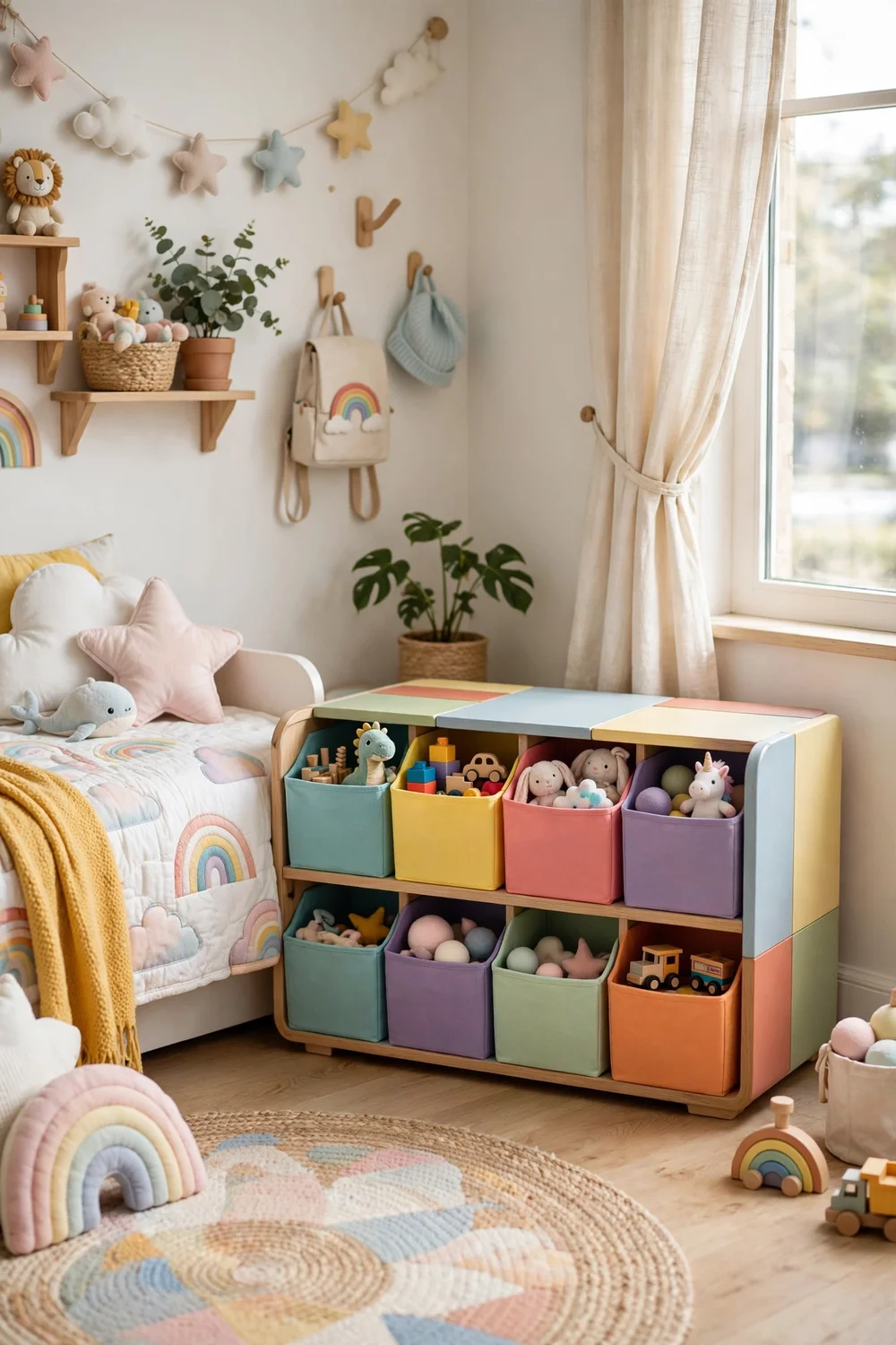 Colorful corner cabinet in kids room with labeled bins for toys