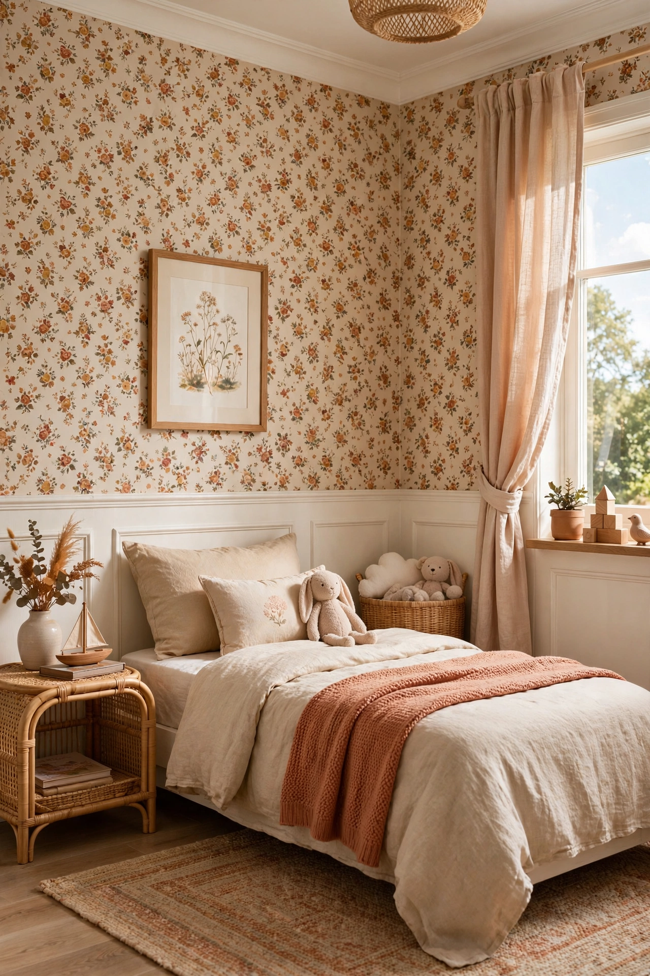 Child's bedroom with sweet but grown-up small floral wallpaper in warm colors