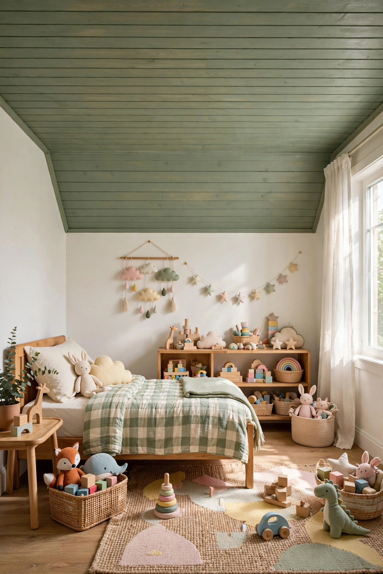 Soft sage painted wood plank ceiling in a kids bedroom with playful decor