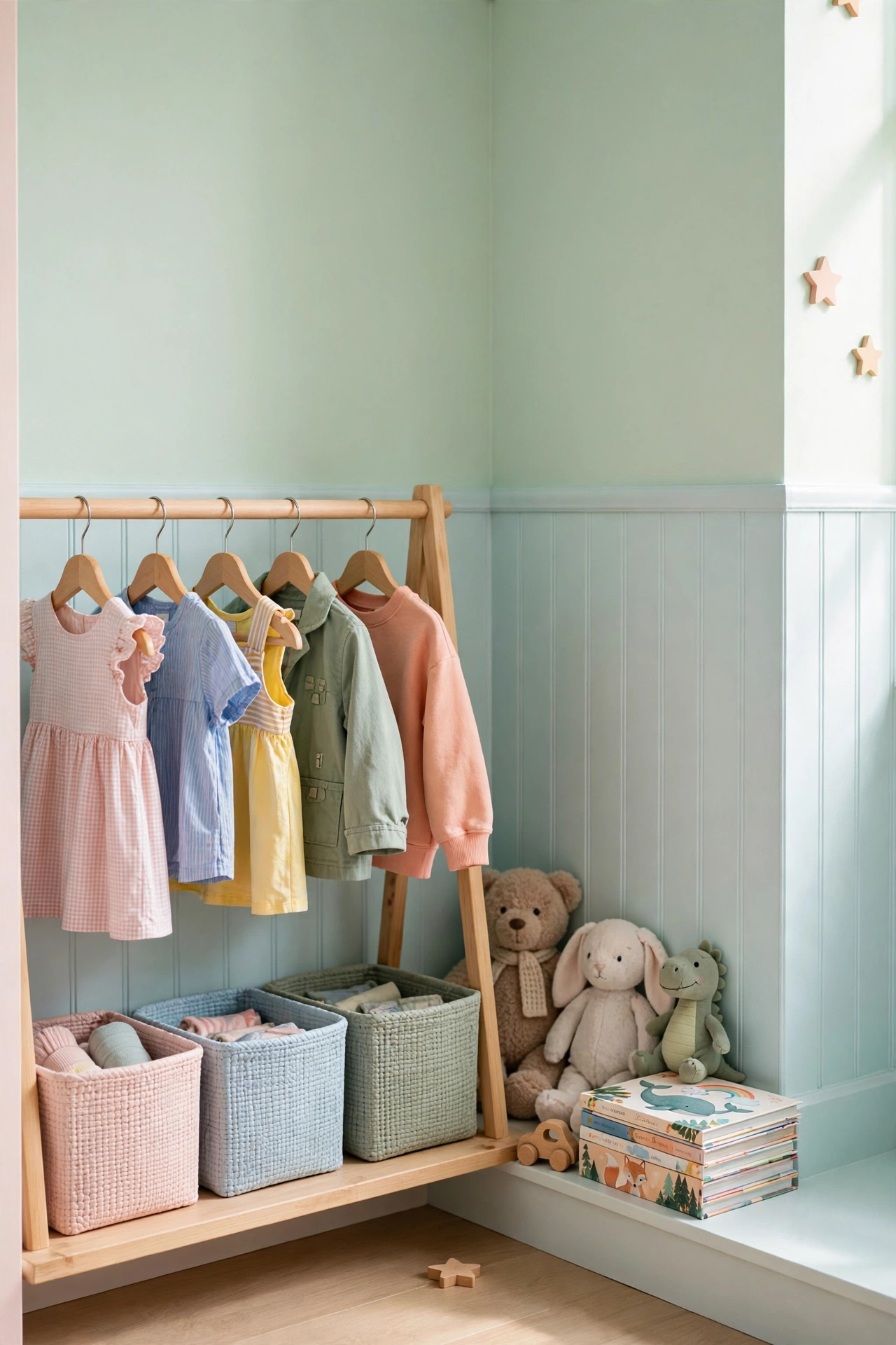 Child-height clothing rack with colorful kids clothes and labeled bins in a pastel room