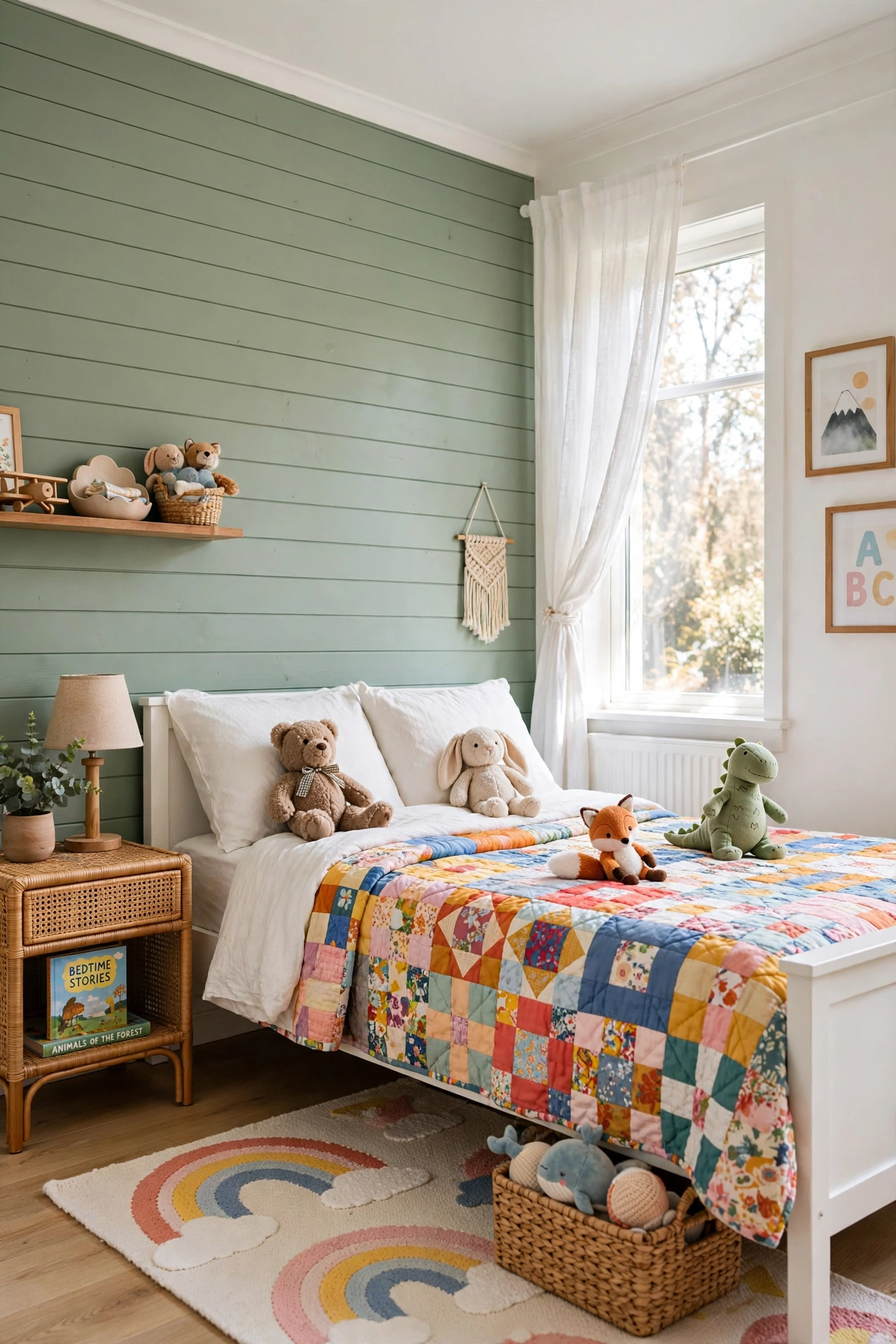 Cheerful kids bedroom with a soft sage green painted shiplap accent wall