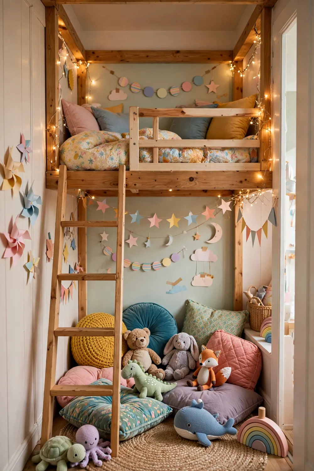 Kids play loft inside a closet with colorful cushions toys and string lights