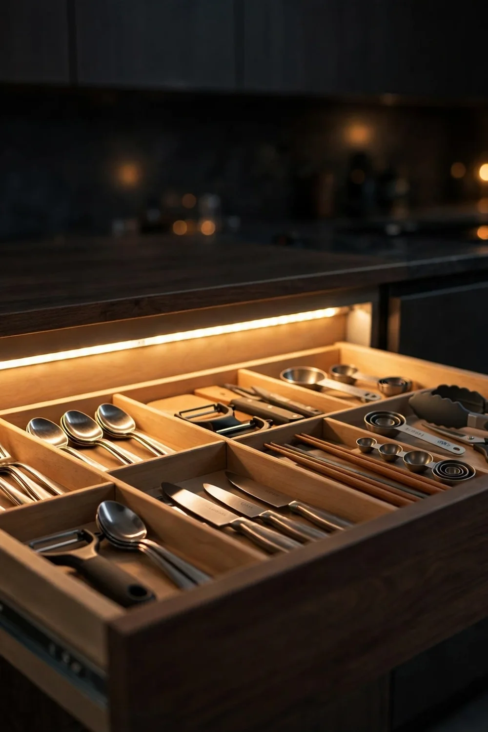 Open kitchen drawer with warm motion-sensor LED light illuminating utensils