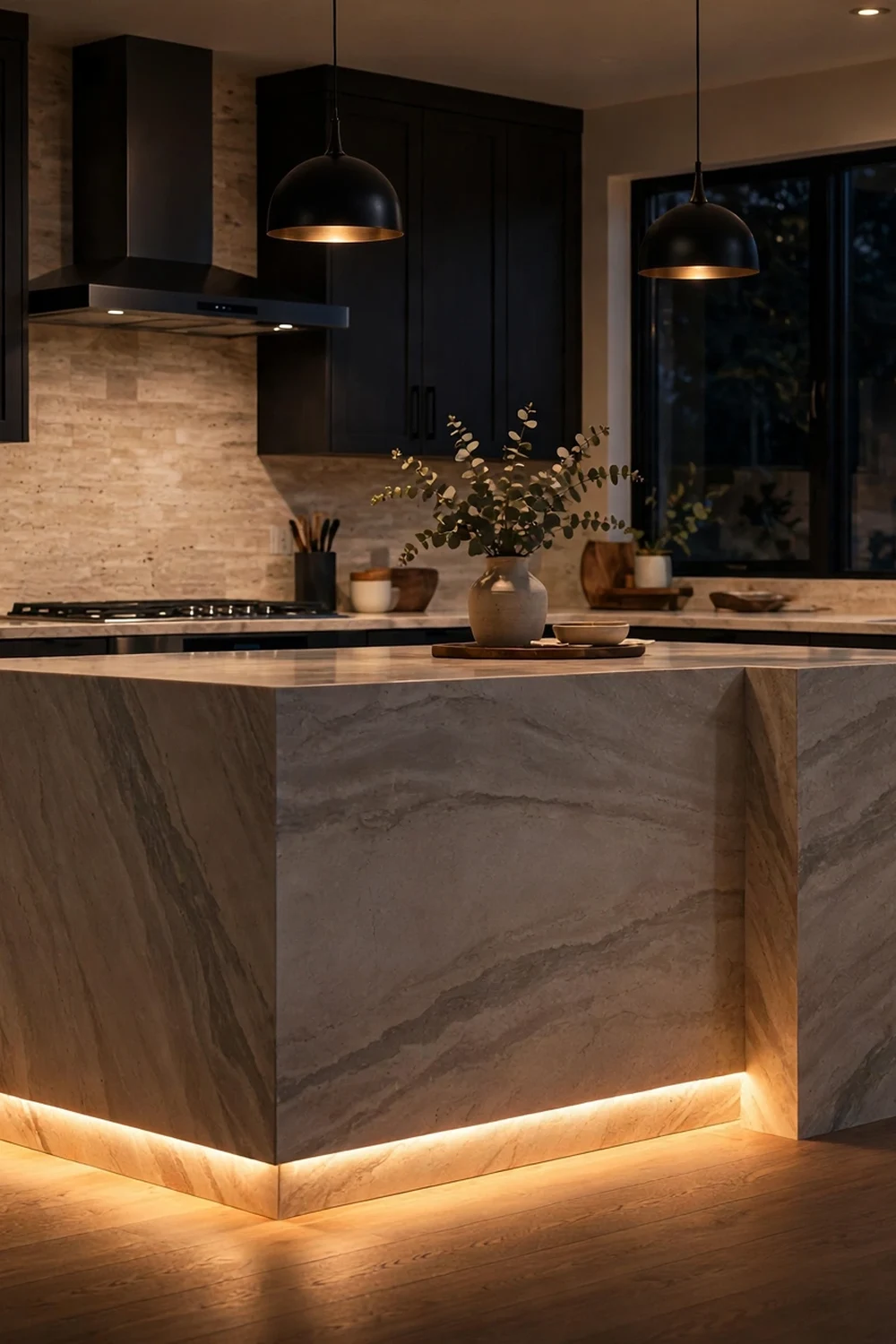 Kitchen with a warm LED strip recessed into the island plinth glowing onto the floor
