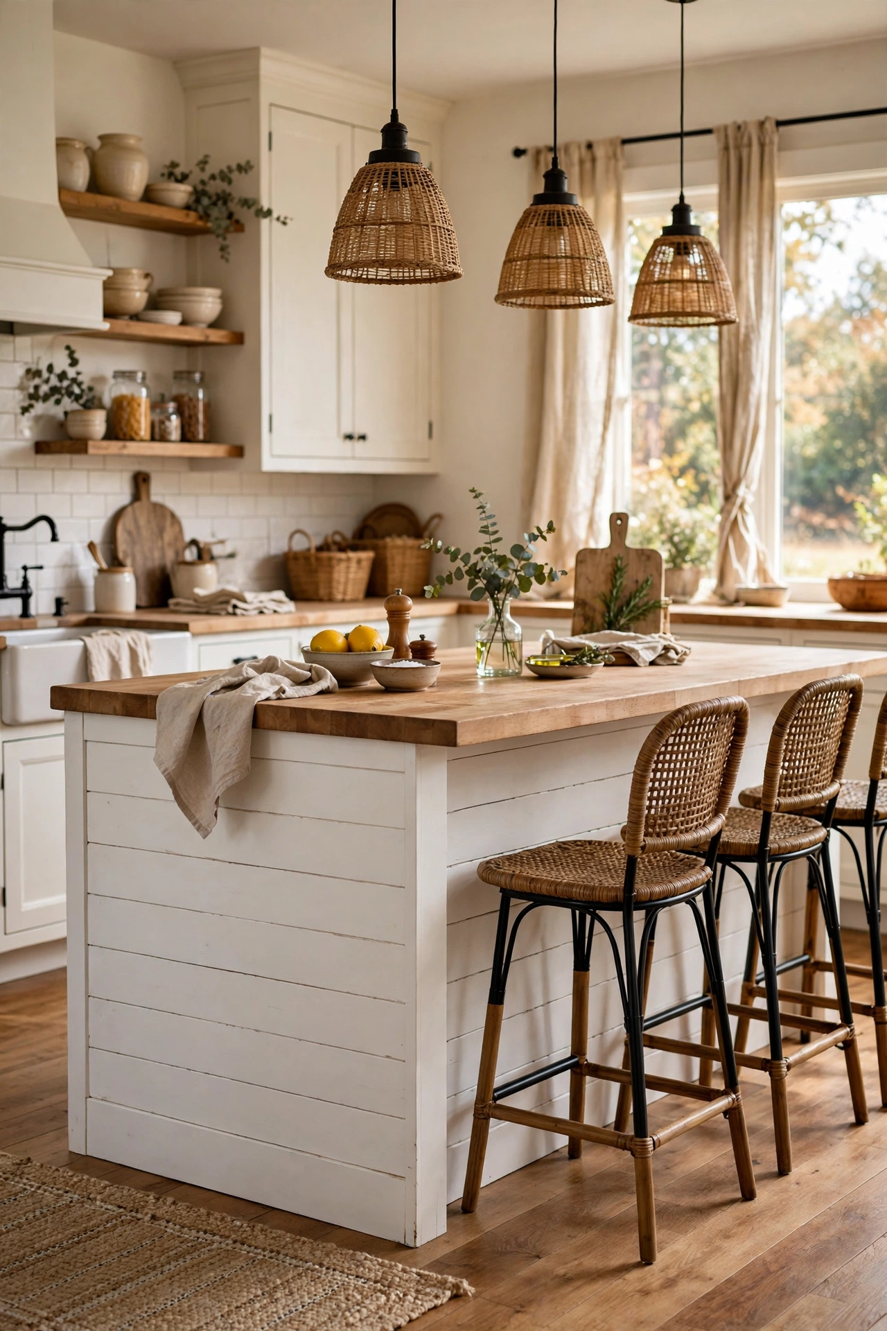 Farmhouse kitchen island wrapped in white horizontal shiplap paneling