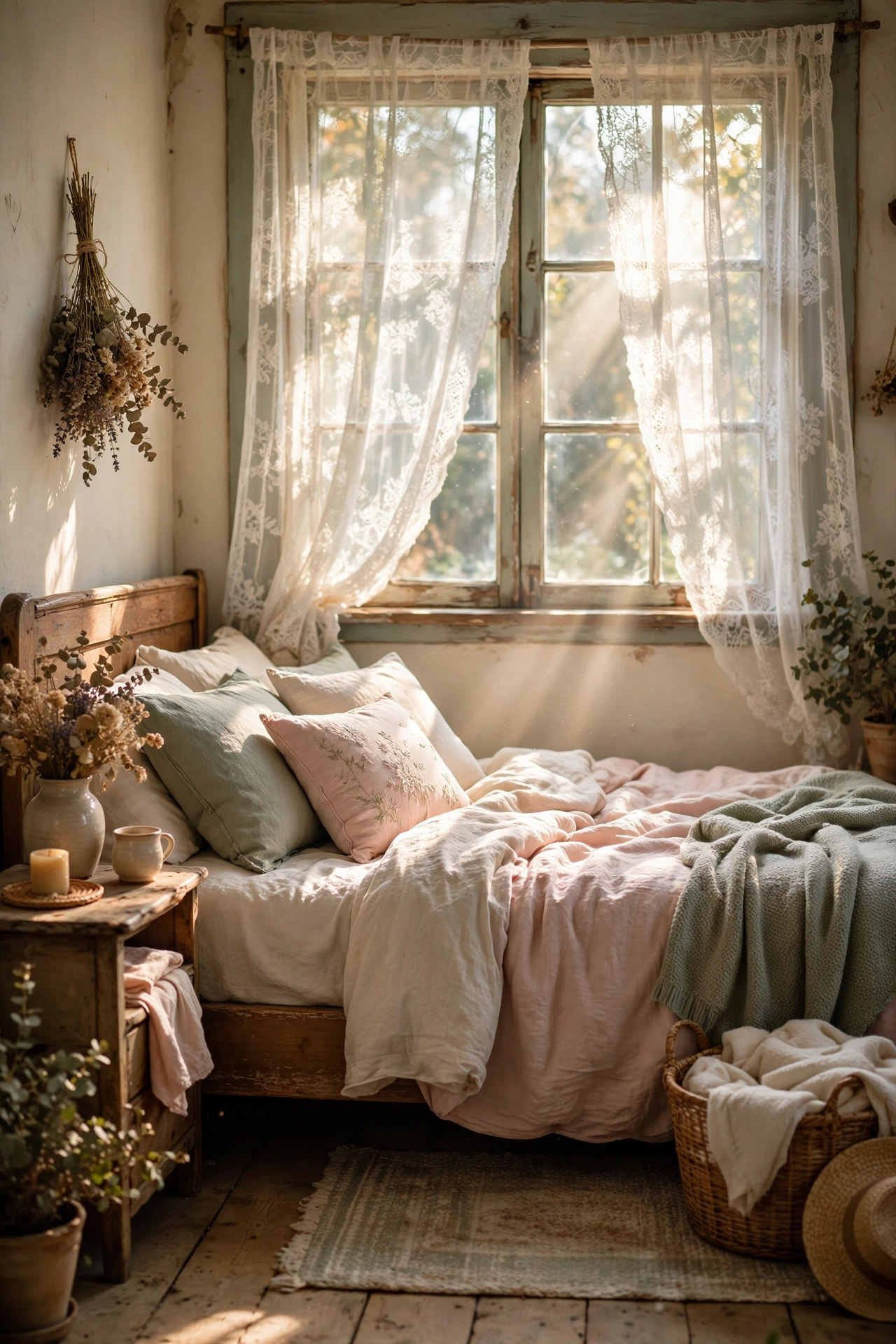 White lace curtains with soft sunlight streaming into a cozy cottage bedroom