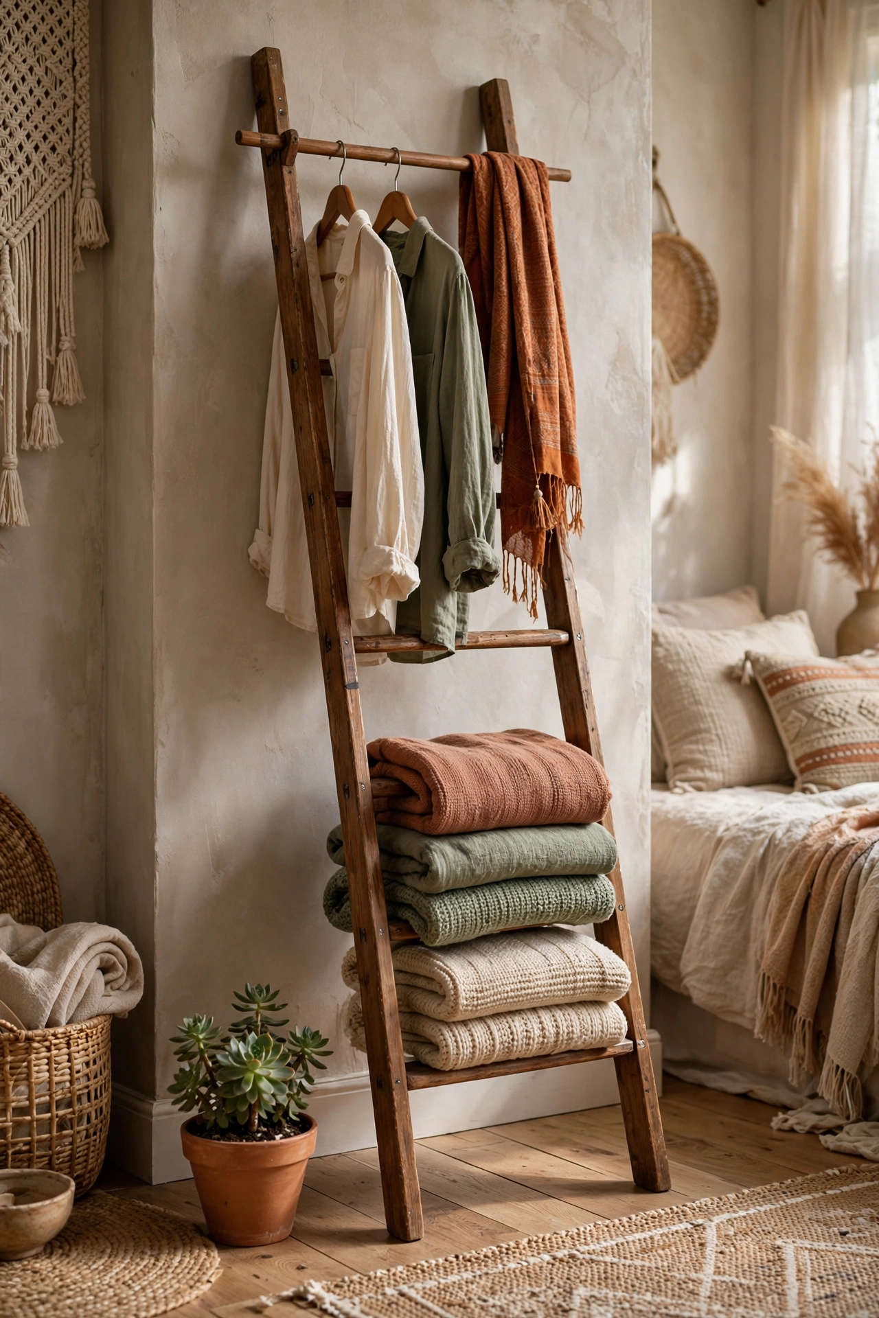 Wooden leaning ladder with dowel rod used as clothing rail in a boho bedroom