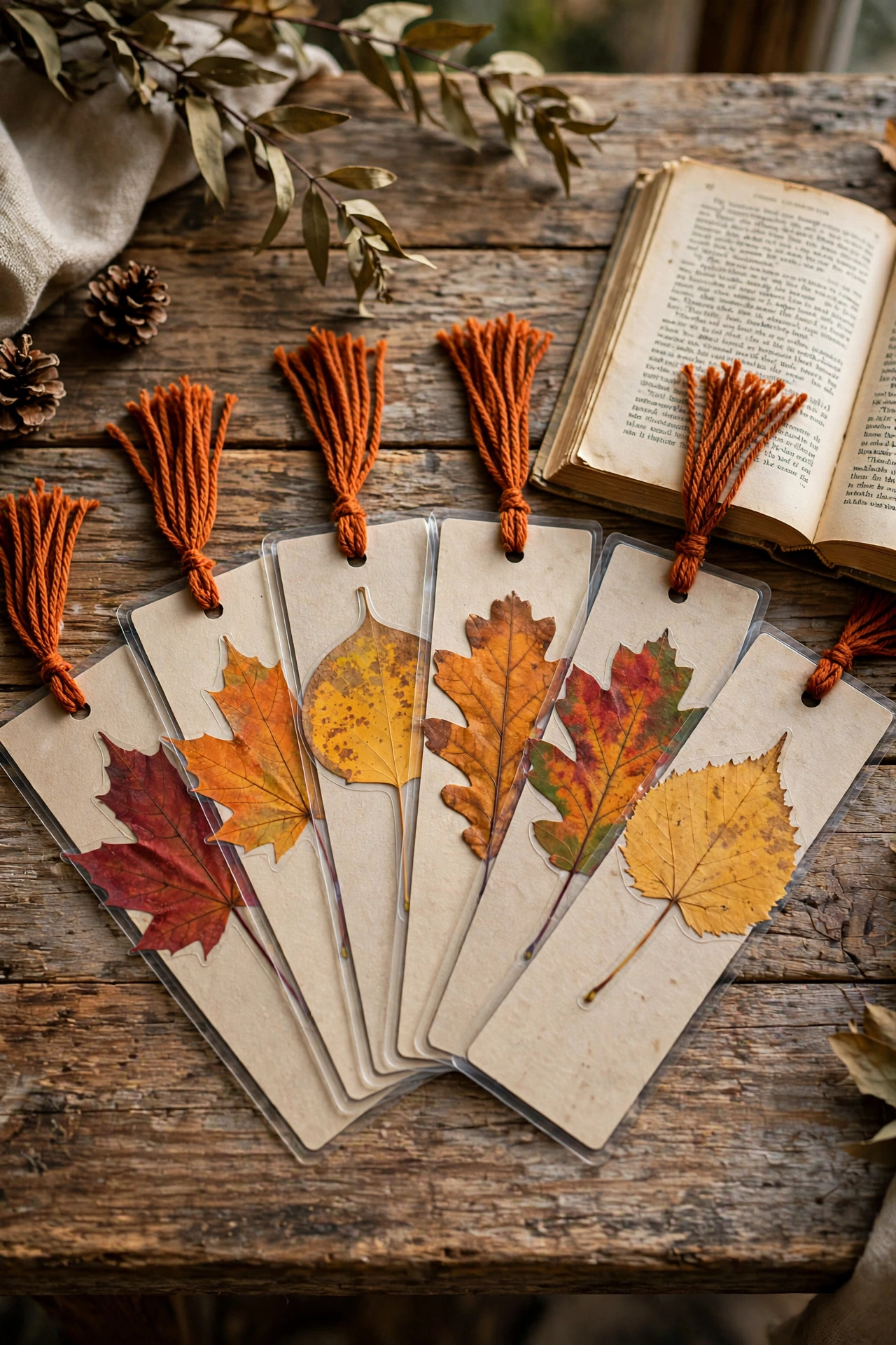 Laminated bookmarks with pressed fall leaves and yarn tassels fanned on a table