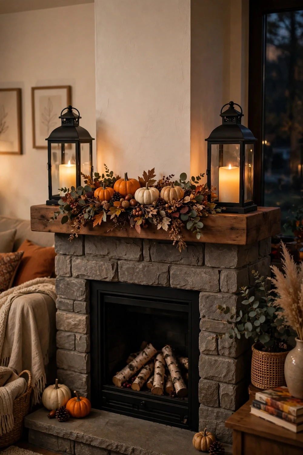 Two matching lanterns with LED candles flanking a fall mantel display