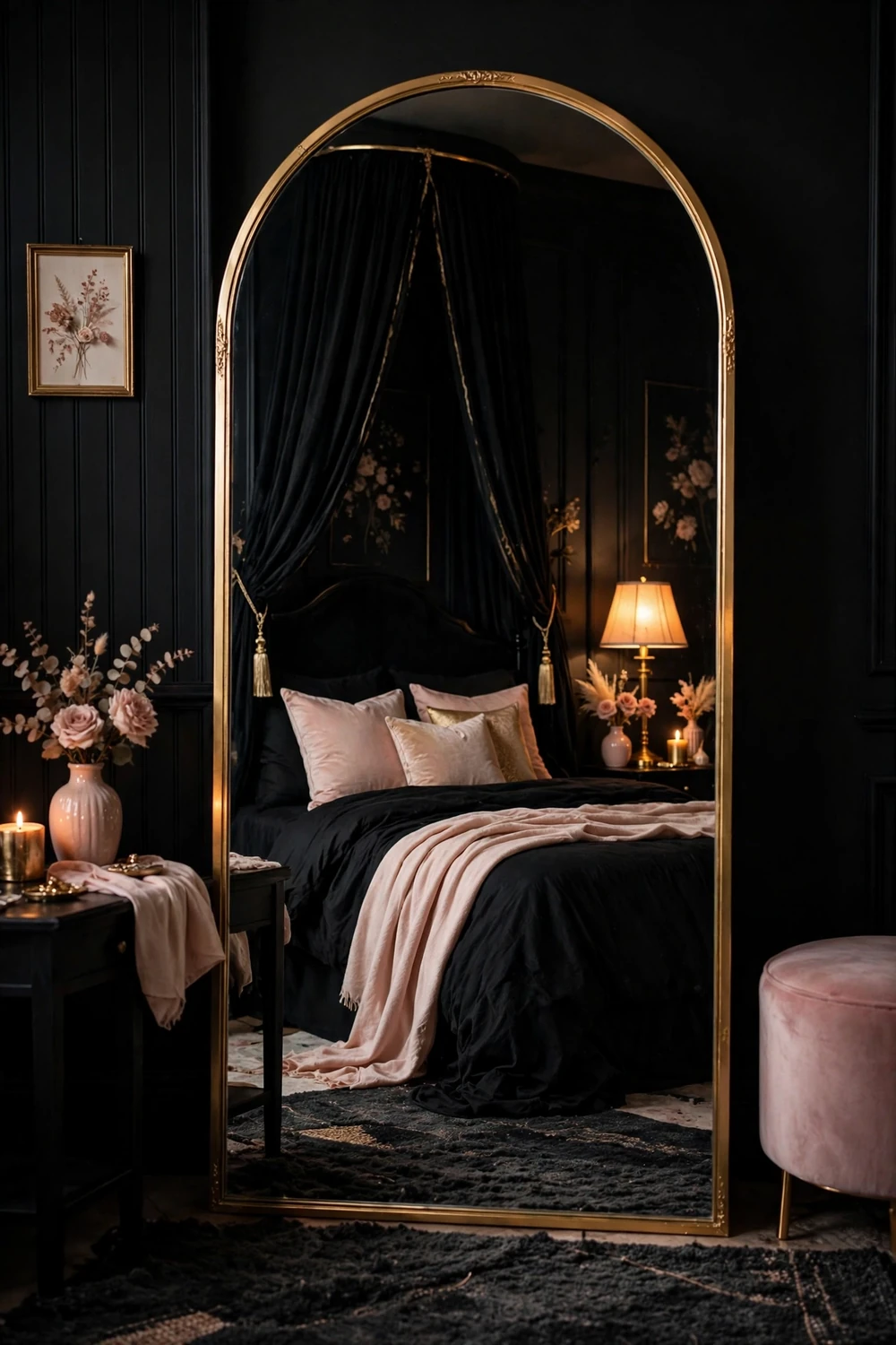 Tall arched gold-framed floor mirror reflecting a black romantic bedroom
