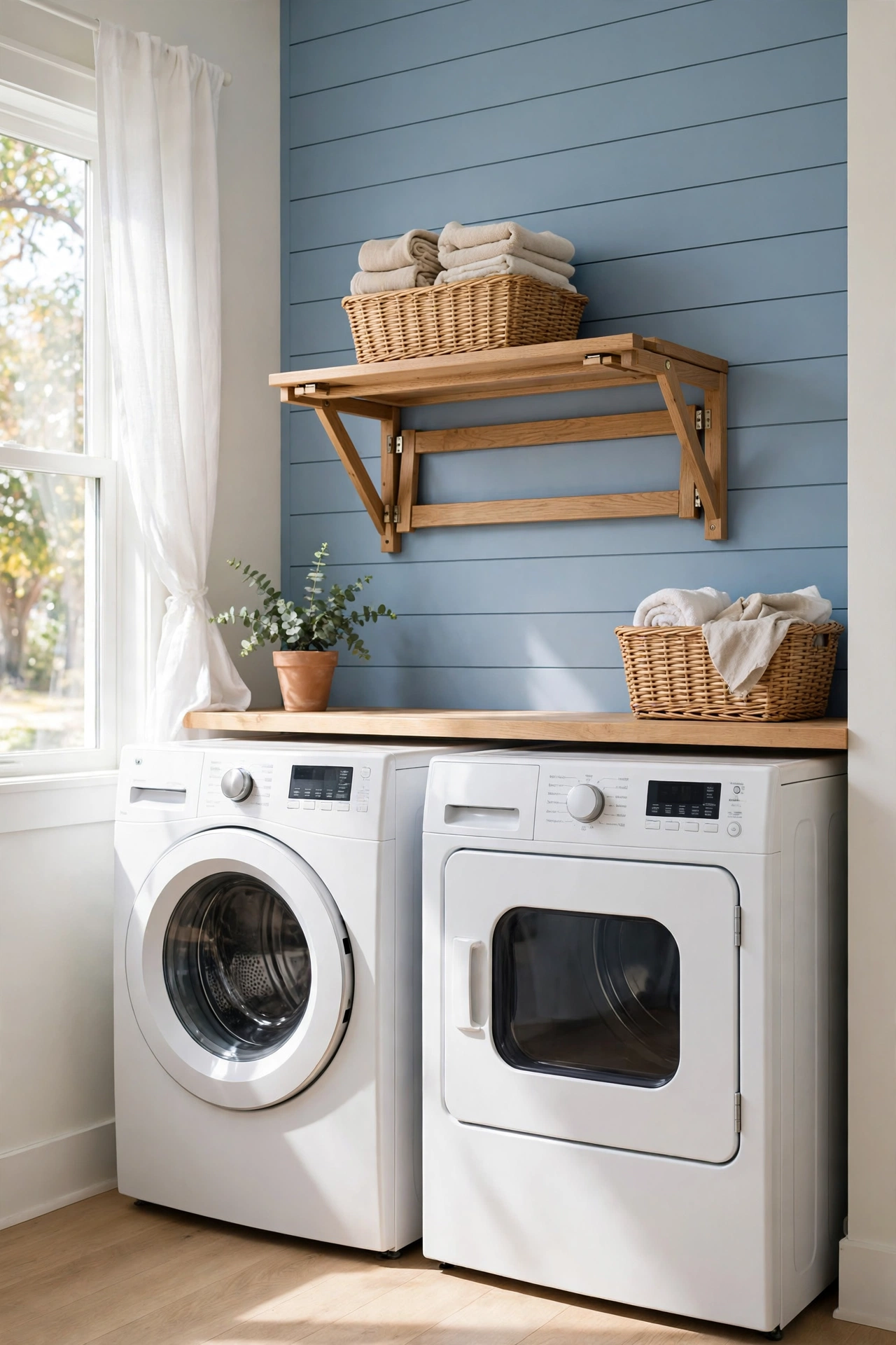 Bright laundry room with a soft blue shiplap accent wall behind the washer and dryer