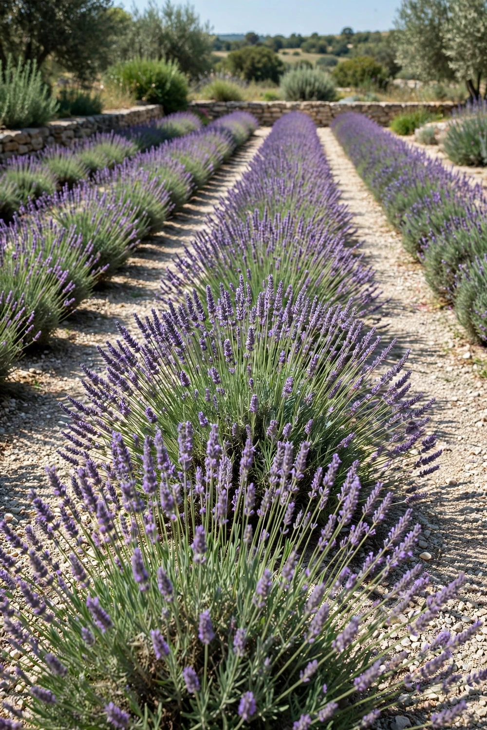 Lavender with soft purple fragrant flower spikes in a sunny well-drained garden row