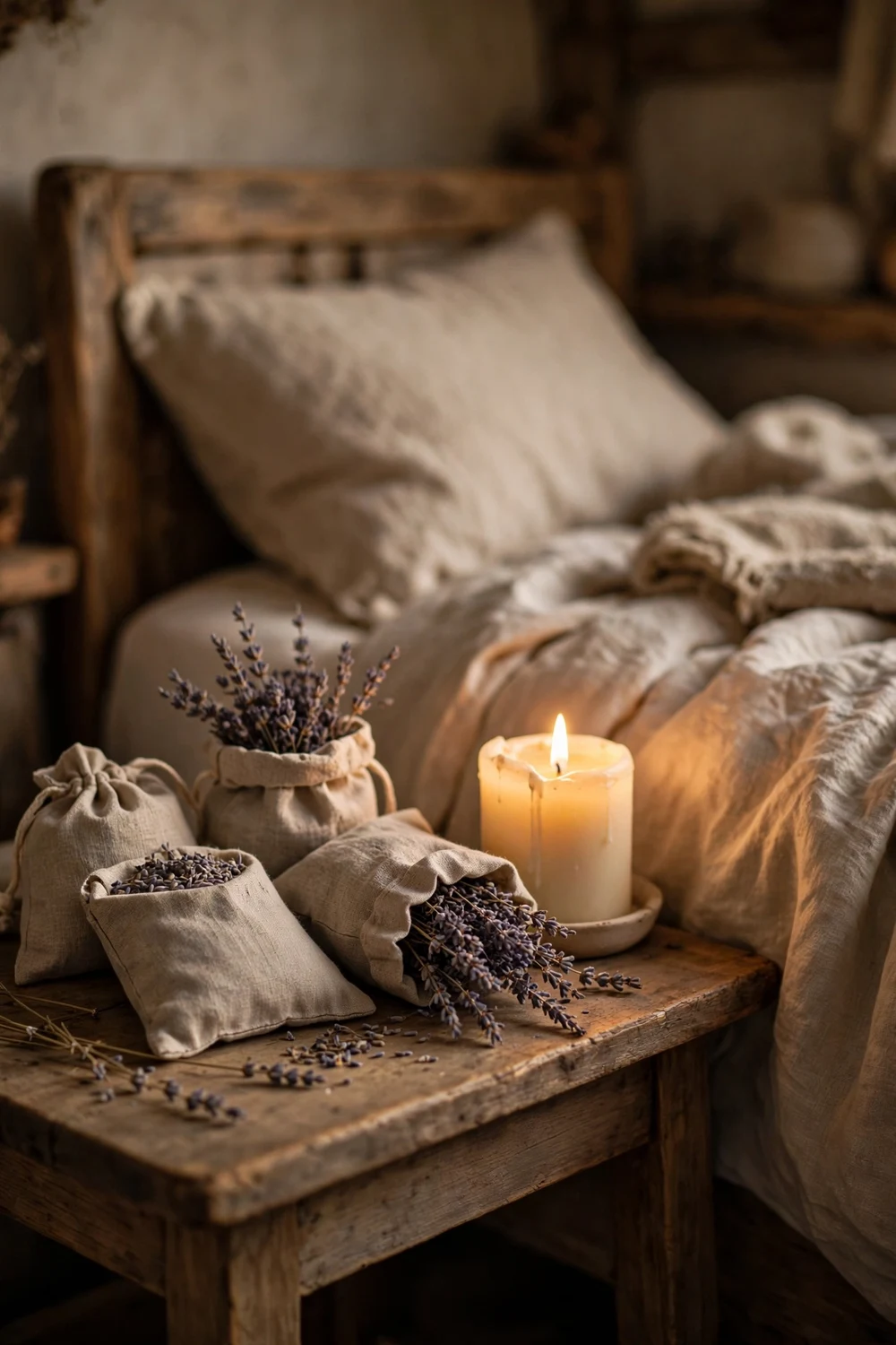 Lavender sachets and a lit candle on a bedside table in a cozy cottage bedroom