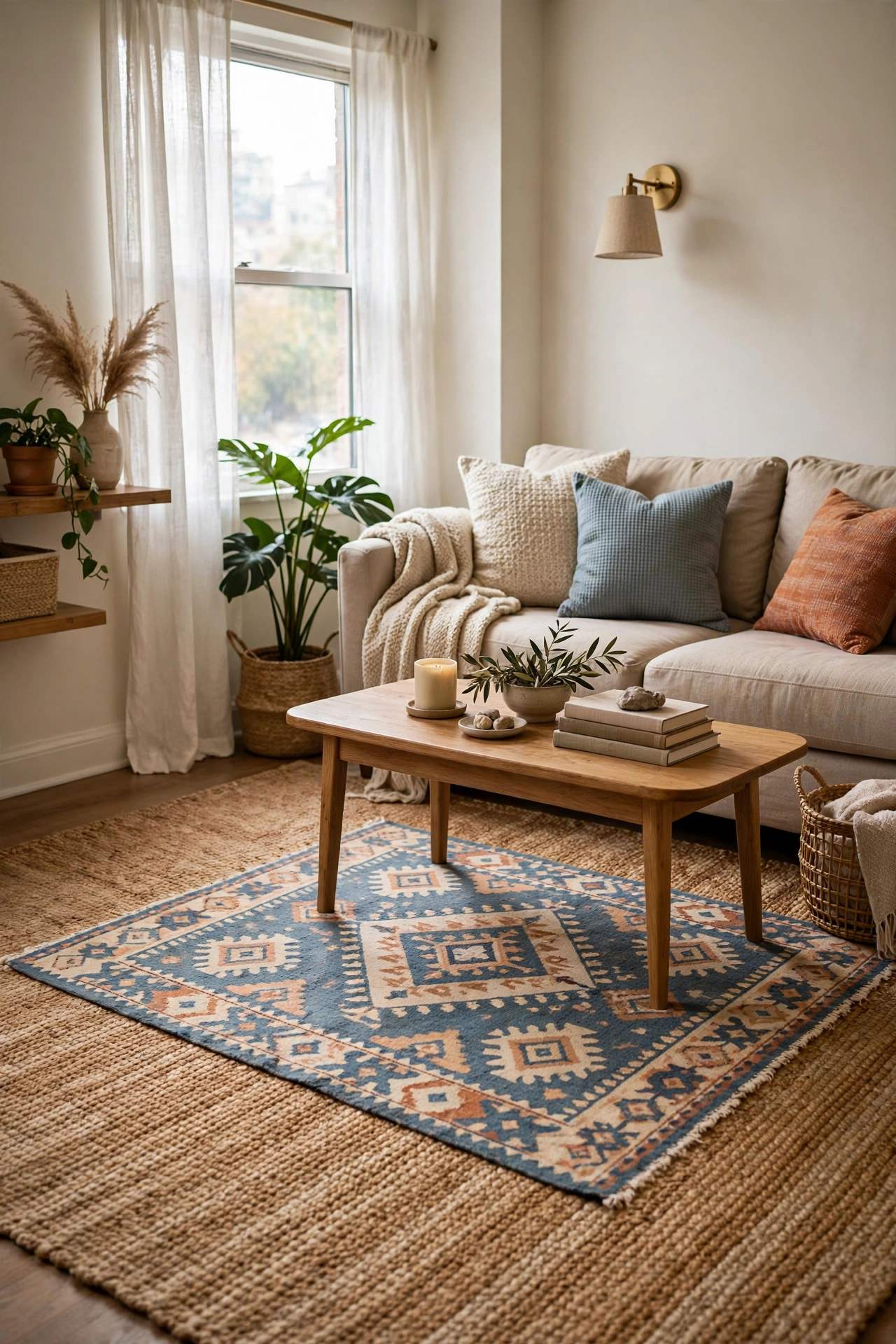 Rental living room with layered area rugs under a beige sofa