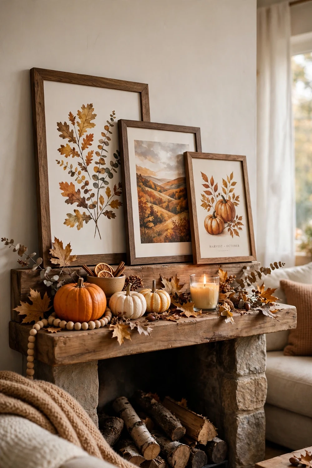 Layered framed art above mantel with small pumpkins and candles in front
