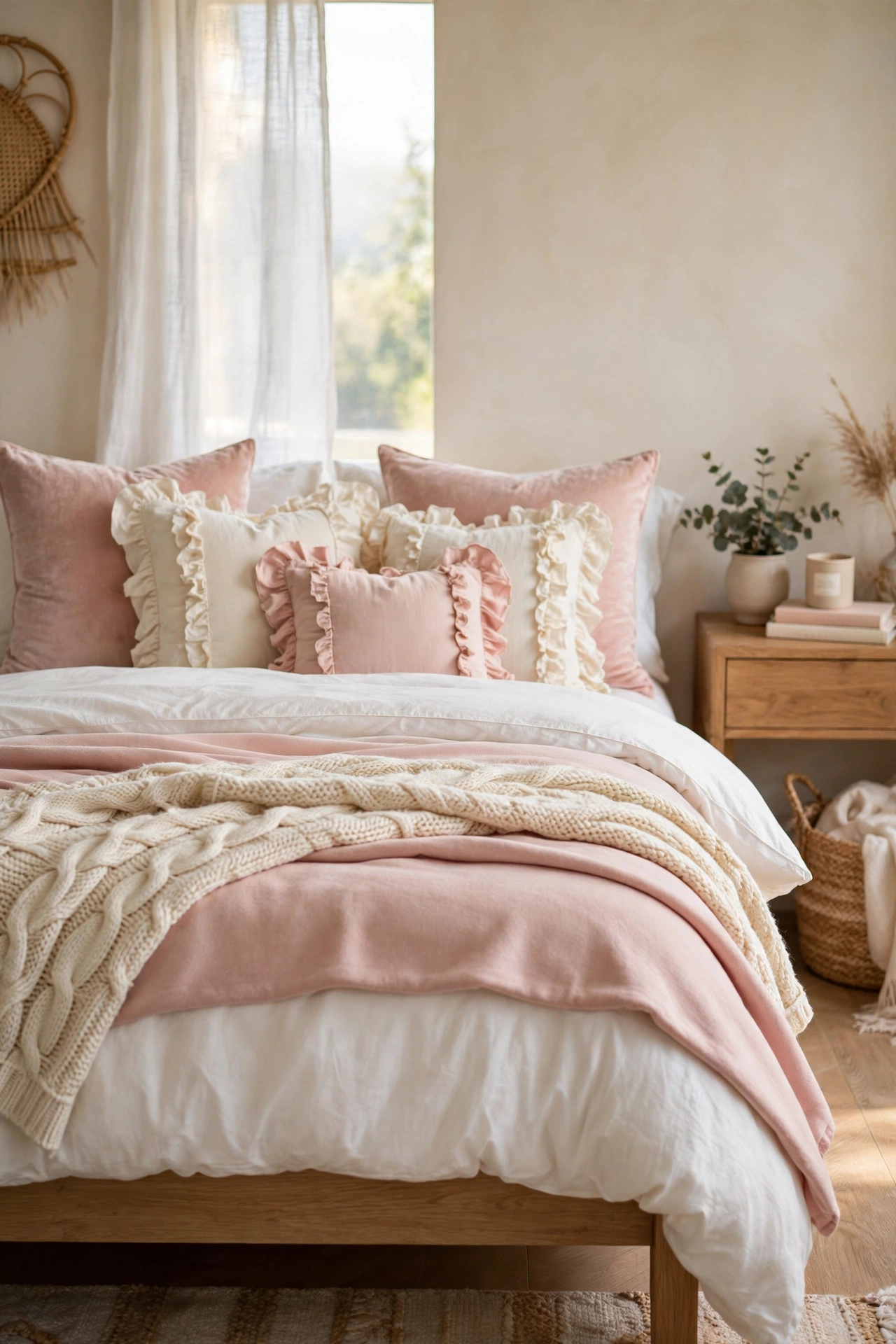 Teen bed with layered white duvet, blush throw, chunky knit blanket, and velvet pillows