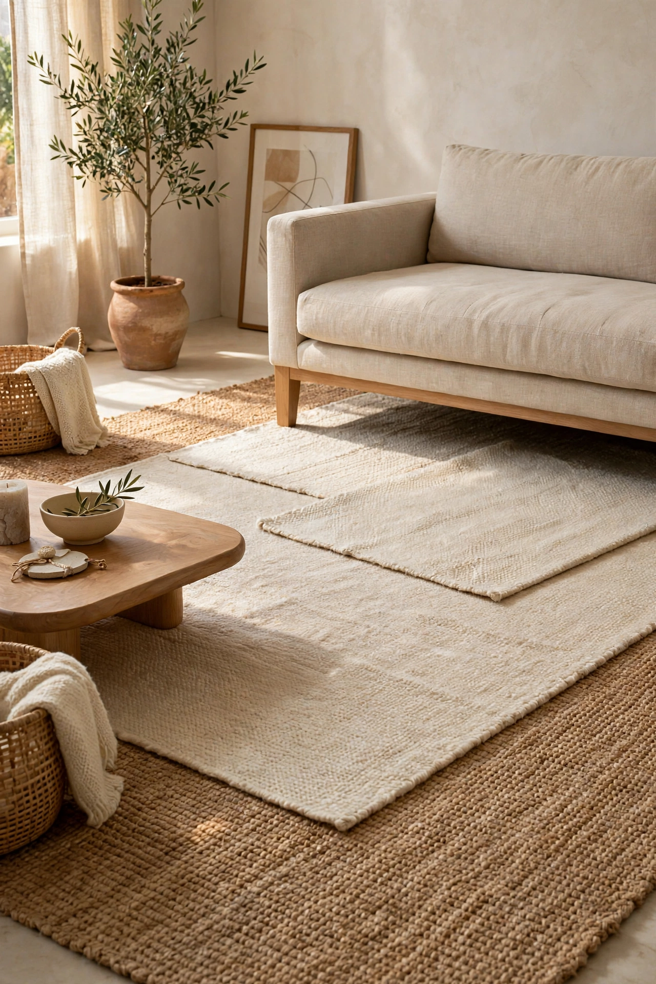 Layered jute and cream wool rugs under a sofa in a warm living room