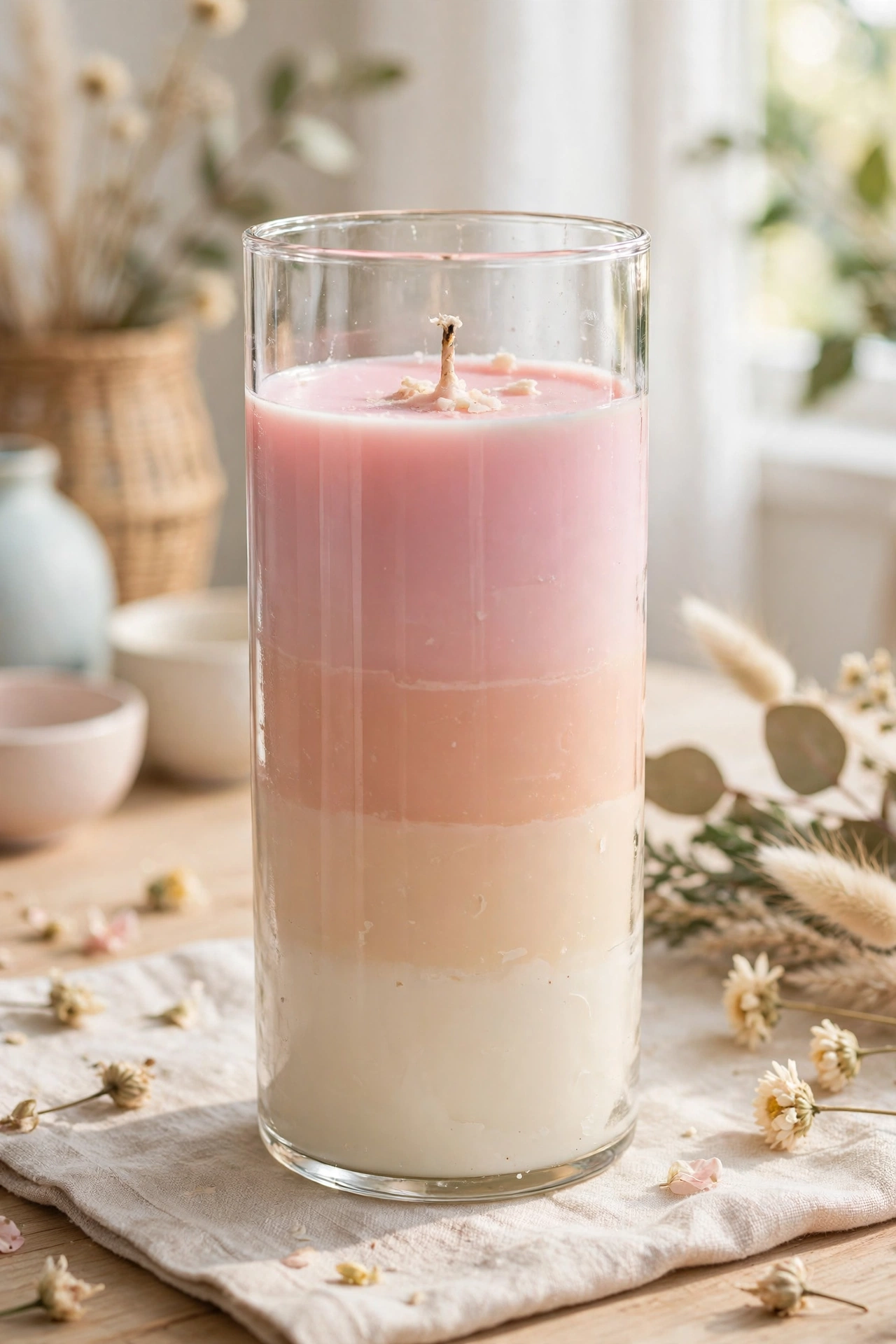 Homemade layered candle with pastel ombre wax in pink peach and cream in a tall jar