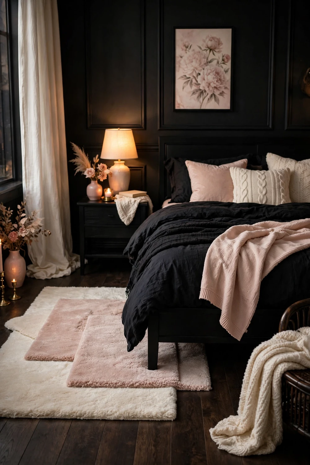 Dark wood floor bedroom with layered cream and blush plush rugs beside black bed