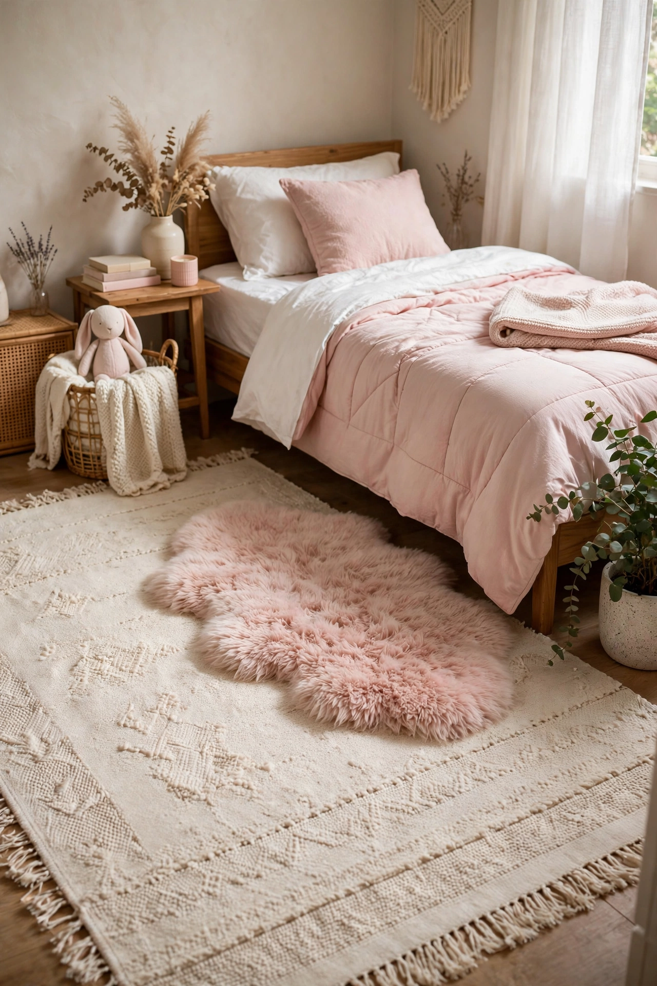 Layered cream and blush pink fluffy rugs beside a teen bed with white bedding